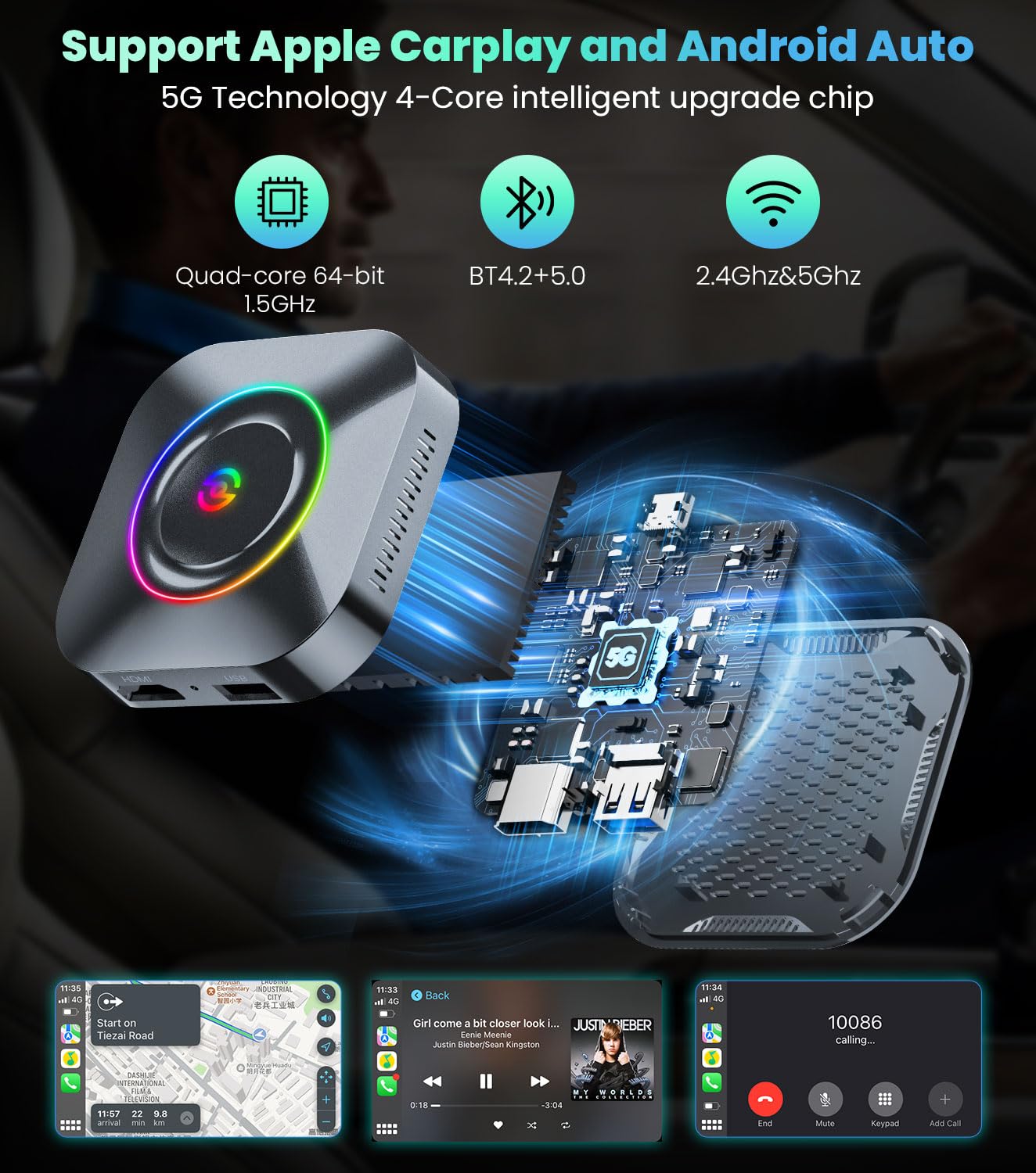 Wireless CarPlay Adapter 2.0 - Apple CarPlay & Android Auto Wireless Streaming Dongle for Factory Wired Cars - Supports Netflix, YouTube, TikTok - Perfect for Road Trips, Commuting & In-Car Entertainment