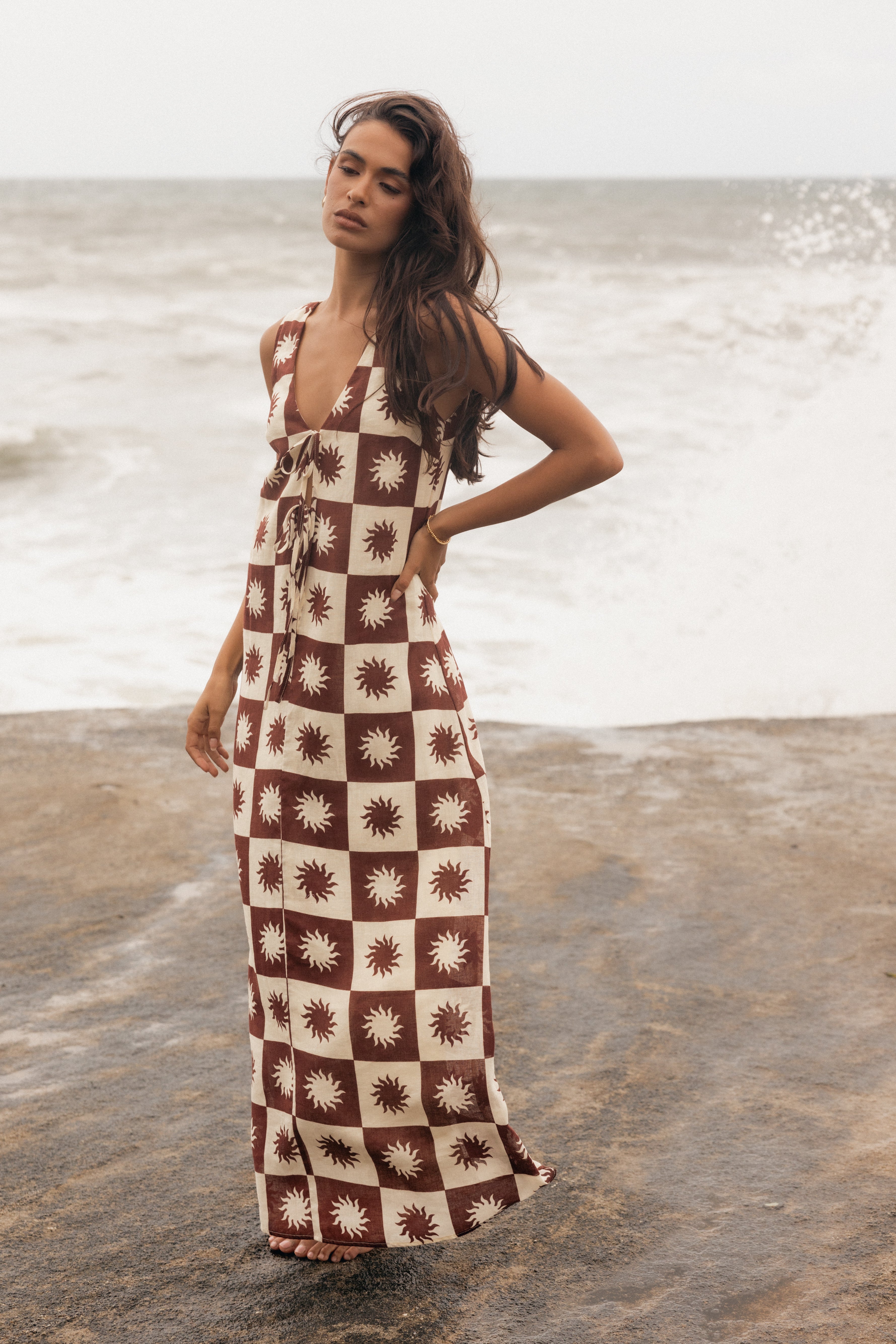 Carson Midi Dress for Women - Brown & Cream Floral Print Summer Dress | Casual, Office & Party Wear