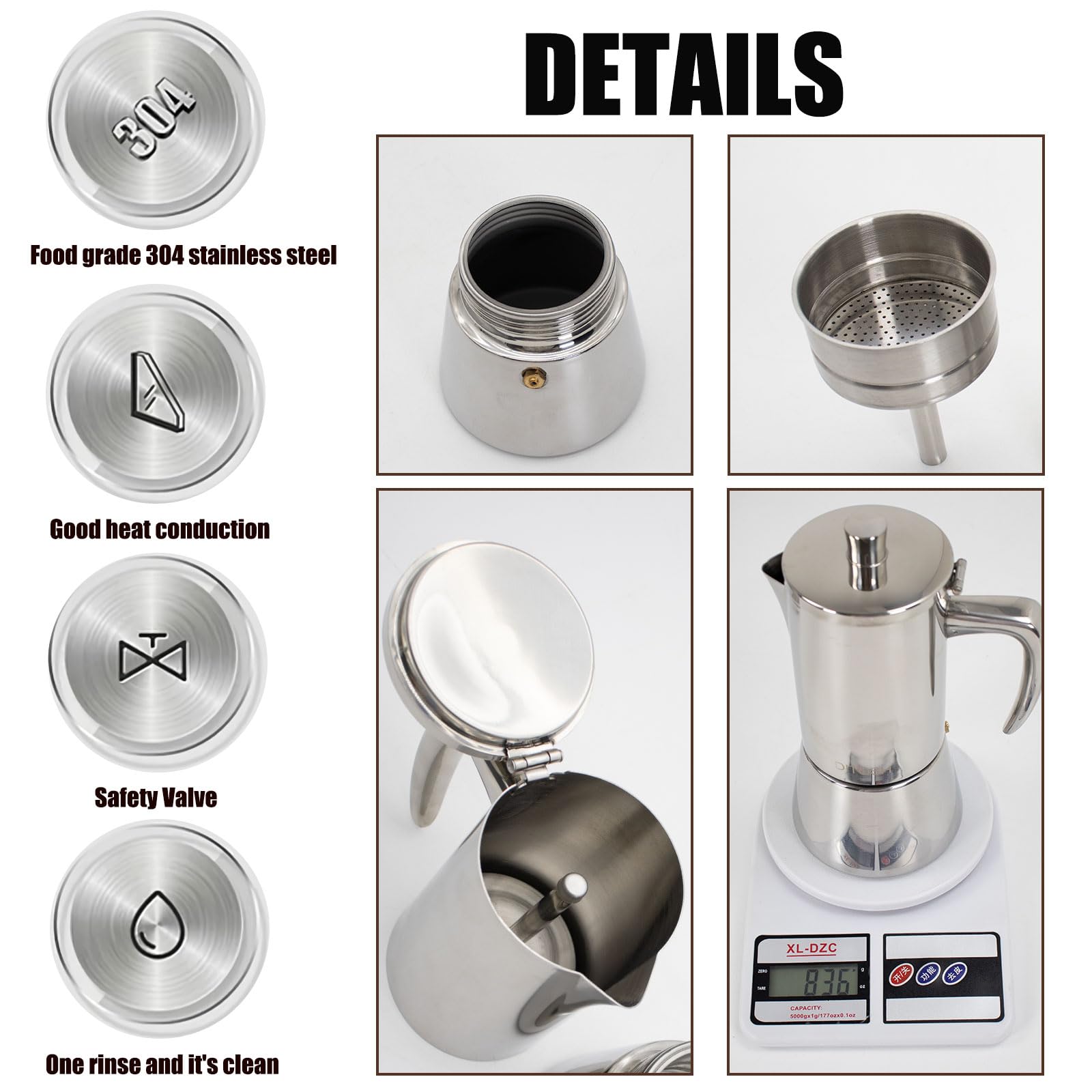 6-Cup 304 Stainless Steel Moka Pot - Stovetop Espresso Maker for Home & Camping