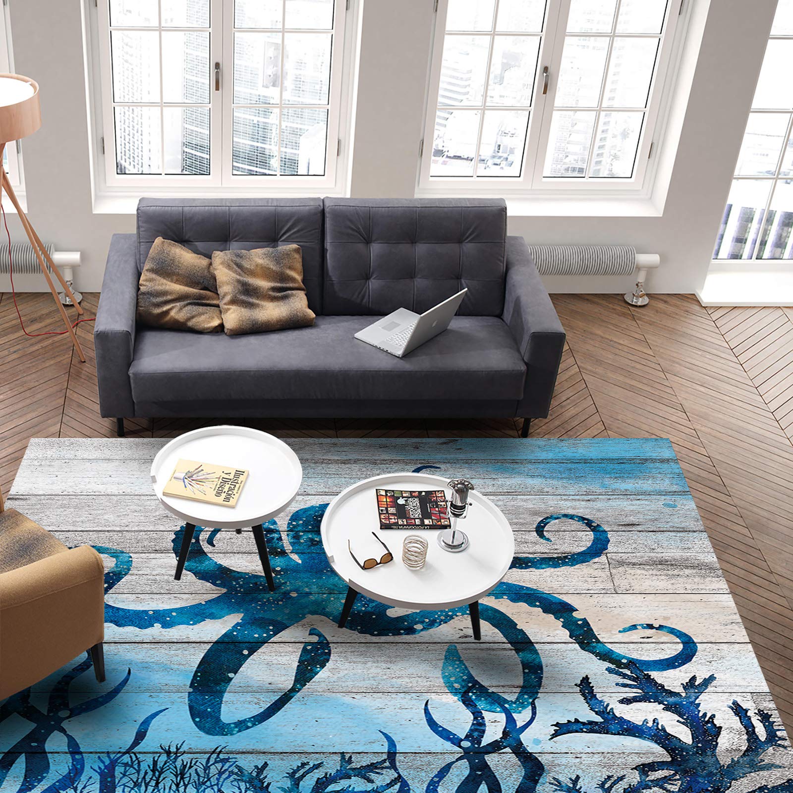 Soft Plush Area Rug 5' x 6.9' - Non-Slip Living Room Carpet for Bedroom, Dining Room - Ocean Animal Octopus Design on Wooden Plank - Cozy Home Decor Floor Mat - Perfect for Kids Room, Nursery, Dorm or Office