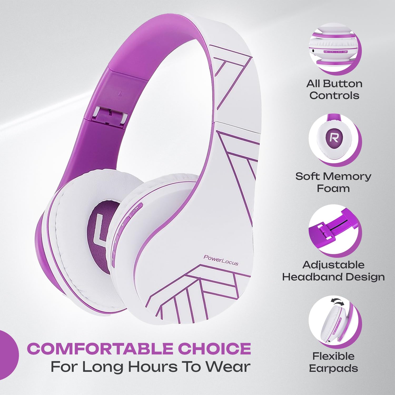 PowerLocus Bluetooth Over-Ear Headphones - Wireless & Wired Stereo Headset with Built-in Mic, Foldable Design, Micro SD/TF & FM Radio - Compatible with iPhone, Samsung, iPad, PC (White/Violet) - Perfect for Travel, Workouts & Home Entertainment