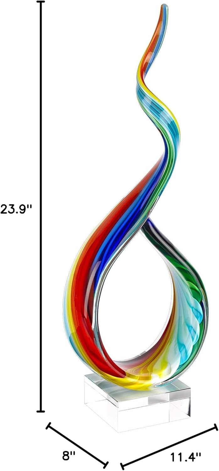 Badash Rainbow Murano Style Glass Sculpture - 18 Inch Hand Blown Art Statue with Crystal Base | Elegant Home Decor for Living Room, Office & Gift Giving