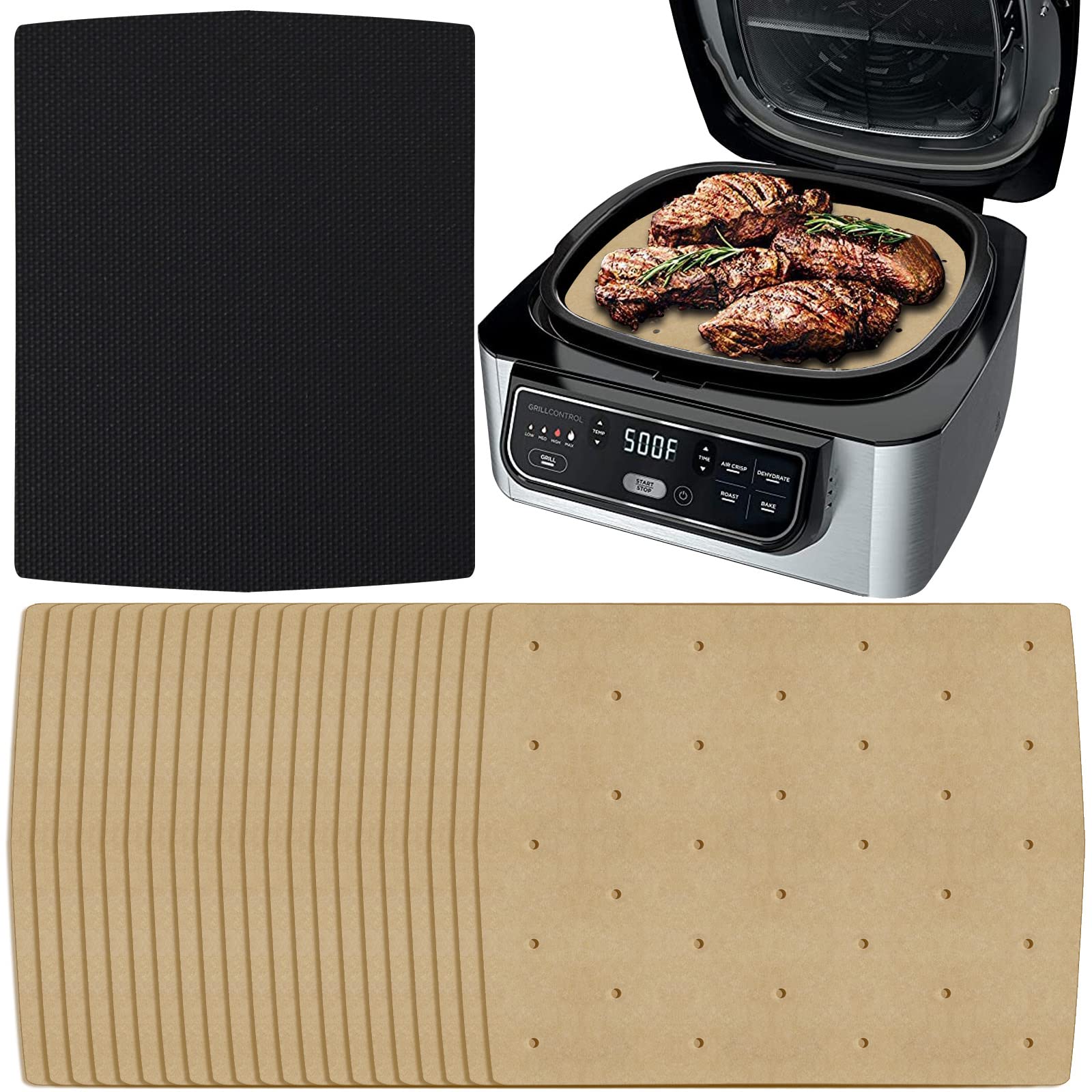 WMKGG 100-Pack Unbleached Perforated Air Fryer Parchment Paper Liners - Compatible with Ninja Foodi Grill 5-in-1 AG301, 4qt & Most Air Fryers - Non-Stick, Disposable Baking Sheets for Healthy Cooking | Perfect for Roasting, Baking, and Frying Vegetables, Chicken Wings & More