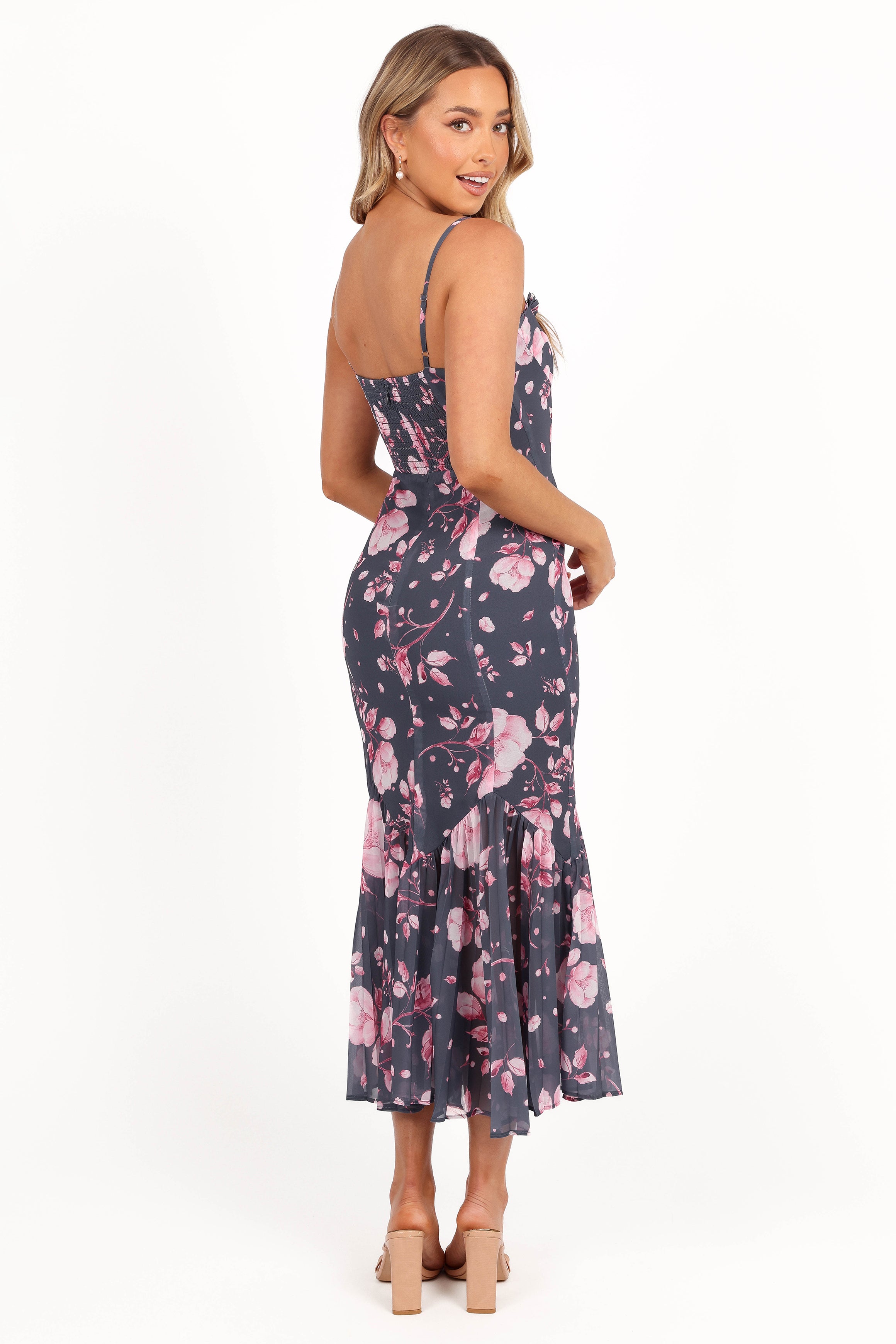 Ashton Midi Dress - Steel Gray Floral Print Women's Casual Dress | Perfect for Office Wear, Date Night & Summer Outfits