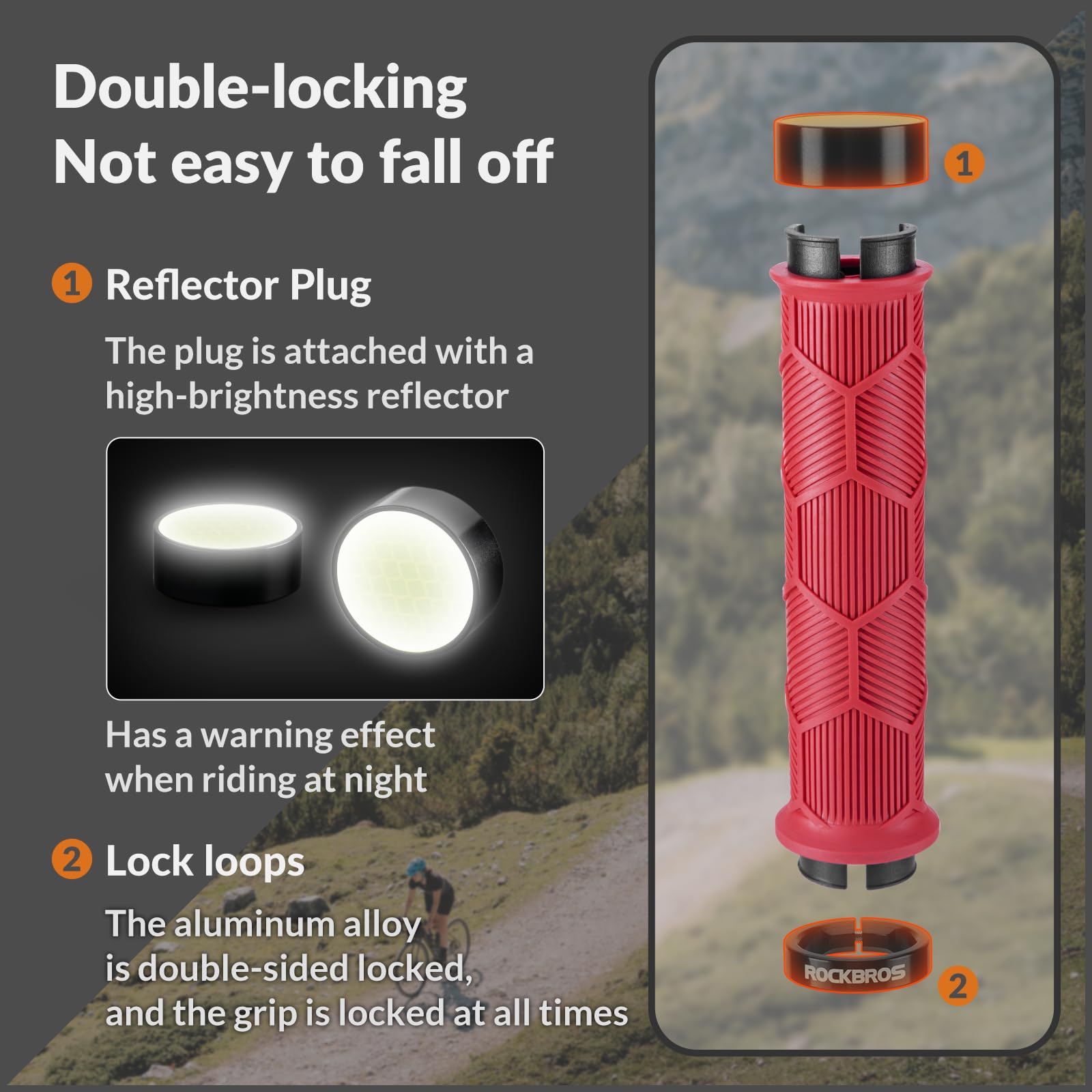 ROCKBROS Lock-on Bike Handle Grips - High Gloss Reflective MTB/BMX Grips for Mountain & Folding Bikes (22mm Diameter) - Perfect for Night Riding & Off-Road Cycling