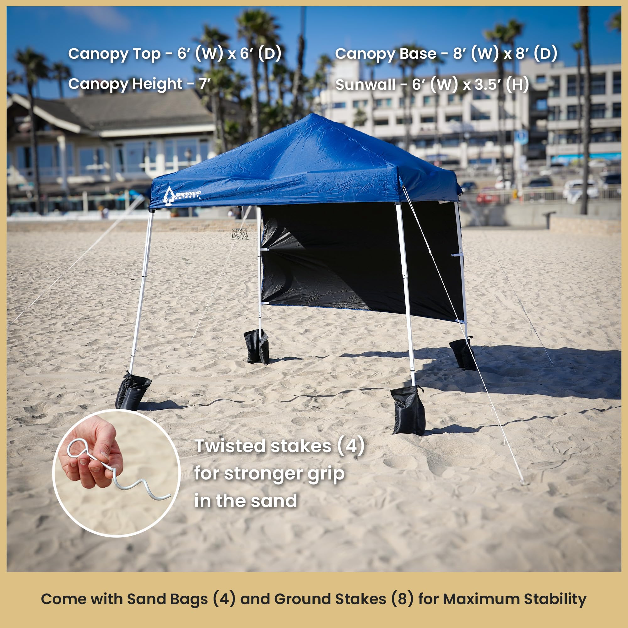 ARROWHEAD OUTDOOR 6'x6' Top / 8'x8' Base Pop-Up Canopy Tent with Sunwall - UV Resistant, Portable Backpack Design, Includes Sand Bags, Guide Ropes & Ground Stakes - Perfect for Beach, Camping, Backyard Parties & Outdoor Events (Blue)