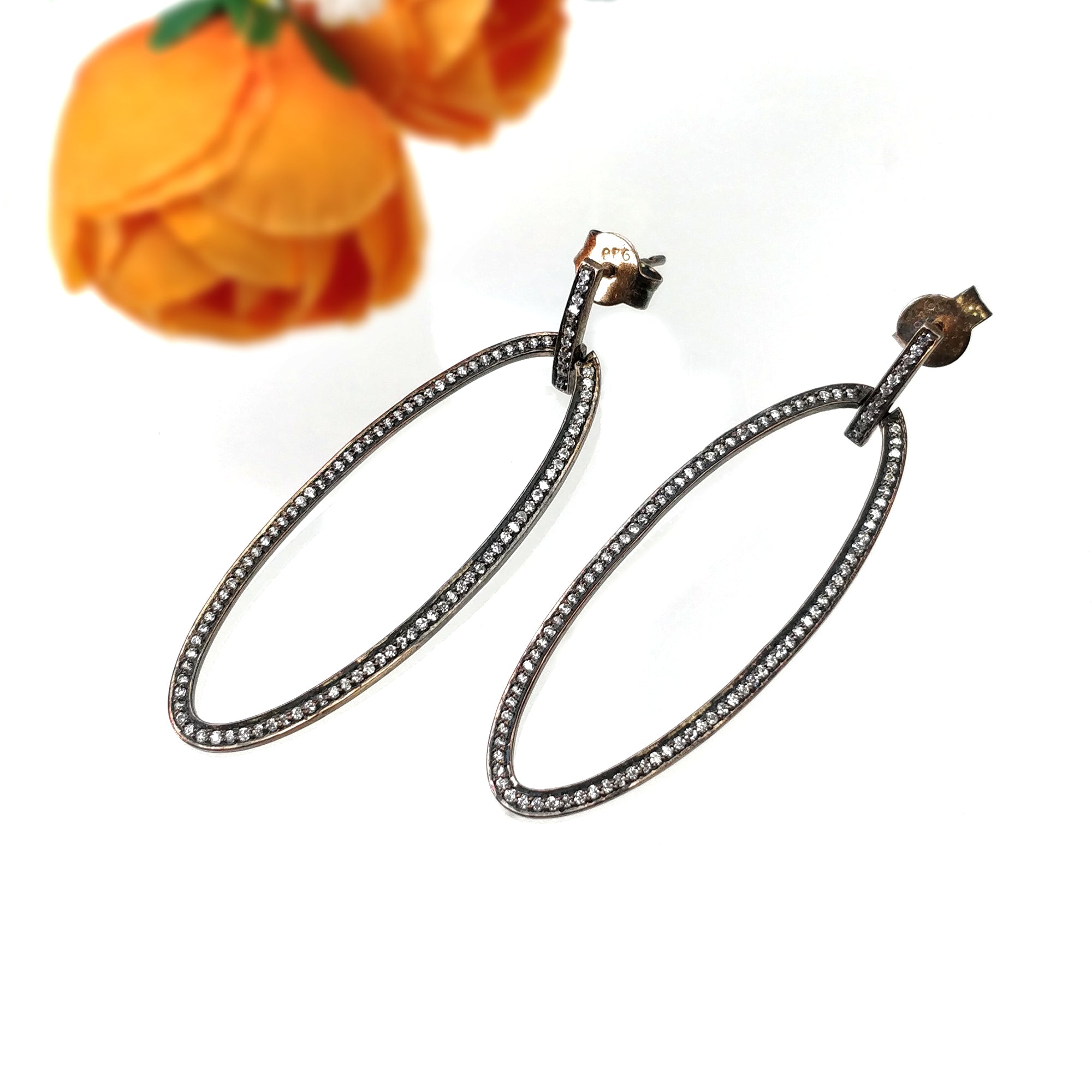 Cubic Zirconia 925 Sterling Silver Victorian Hoop Earrings - 2.5 Inch Oval Bezel Set Push Back Fashion Jewelry (5.40g) for Women, Bridal, Party & Everyday Wear