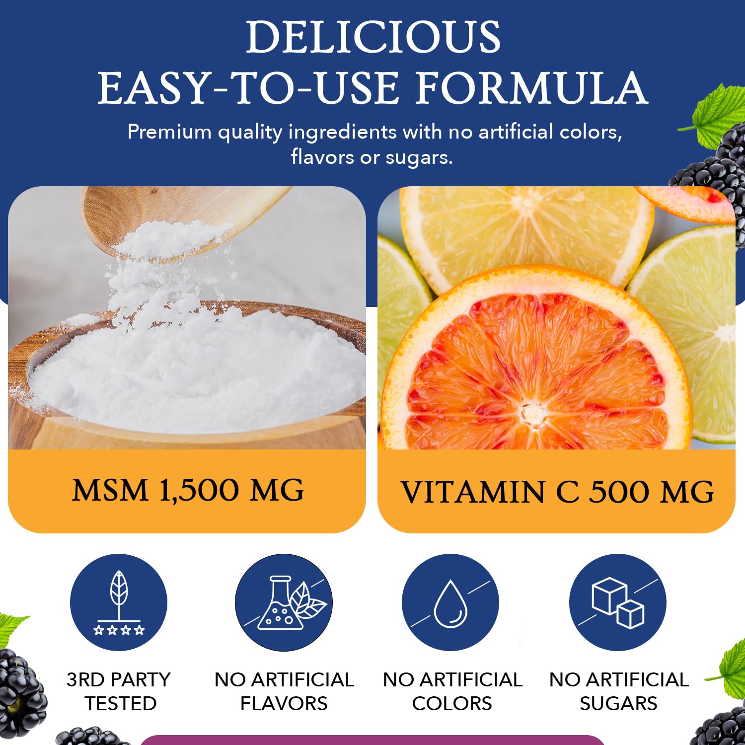 Twig & Leaf MSM + Vitamin C Powder for Hair Growth, Nail Strength & Joint Support | Wildberry Flavor | 30 Servings Non-GMO Gluten-Free Sulfur Supplement (7.9 Oz) | Perfect for Daily Wellness Routine & Active Lifestyle