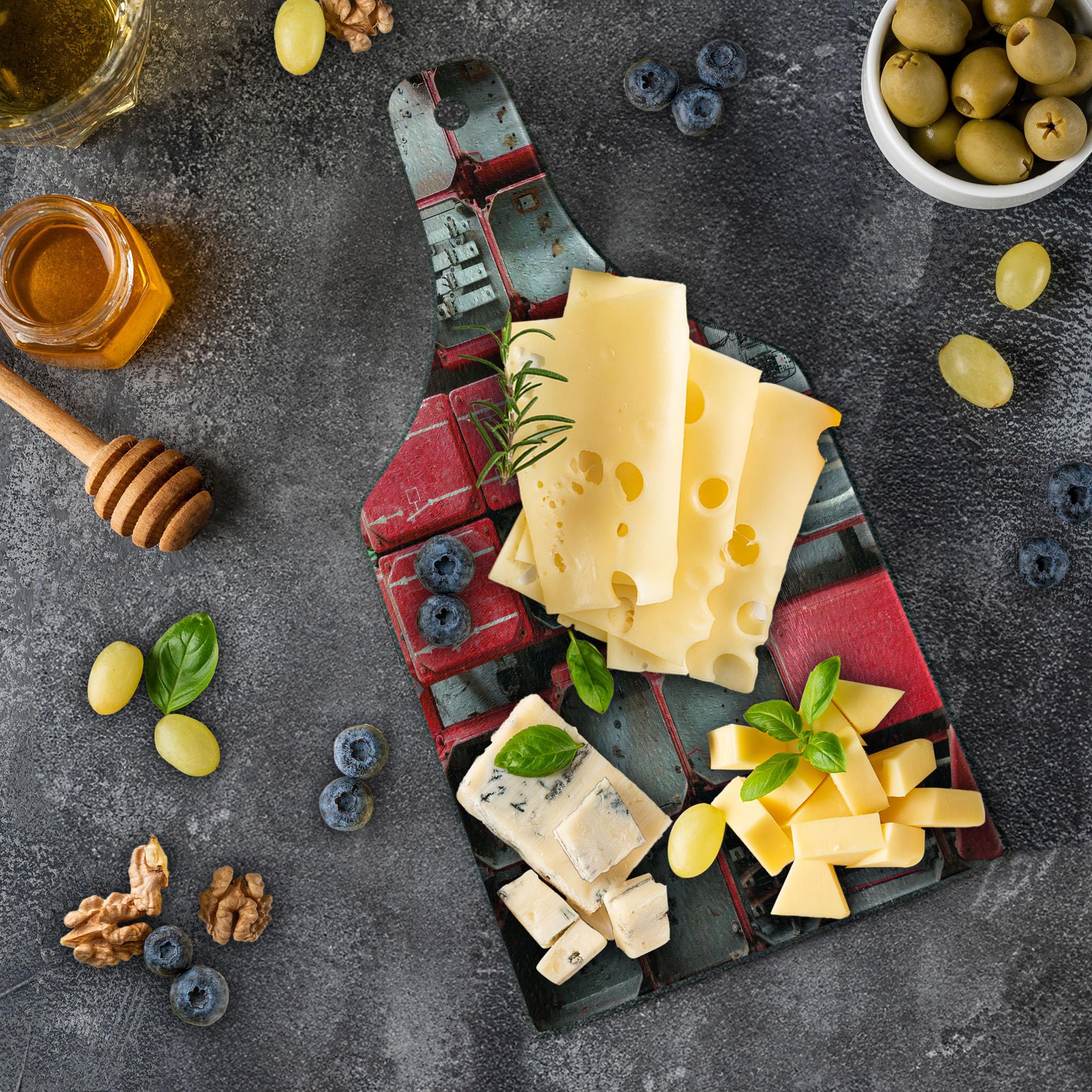 Ambesonne Industrial Style Cutting Board - Tempered Glass Serving Board with Fuse Cabinet Design, Red White Grey - Perfect for Kitchen Prep, Charcuterie, and Wine Serving