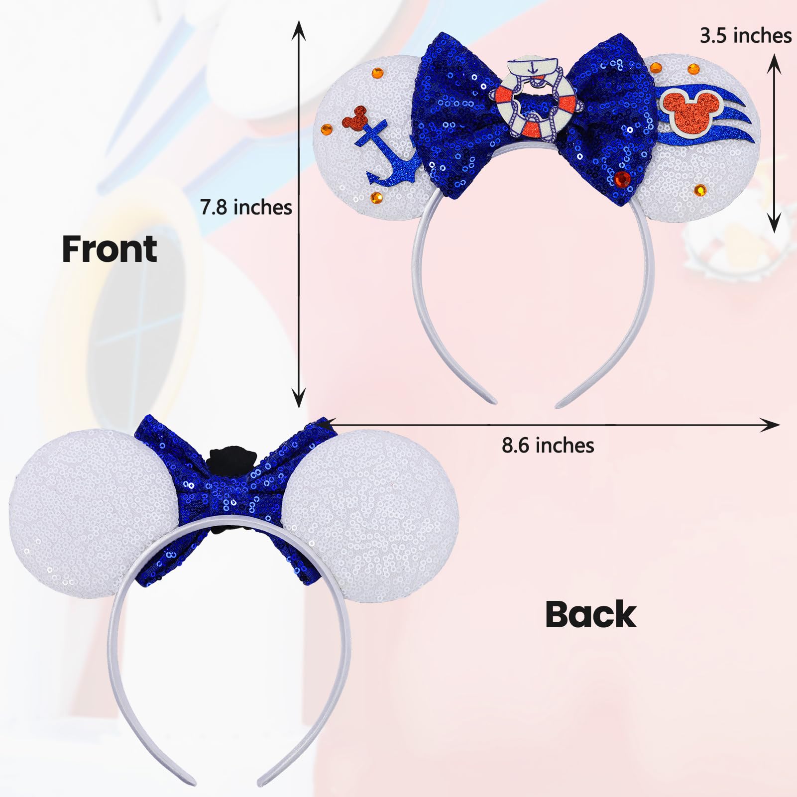 ETLUK Cruise Mouse Ears Headband - Nautical Sequin Bow Headbands for Women & Girls - Disney Inspired Cosplay Accessories for Theme Parks, Parties & Cruise Vacations