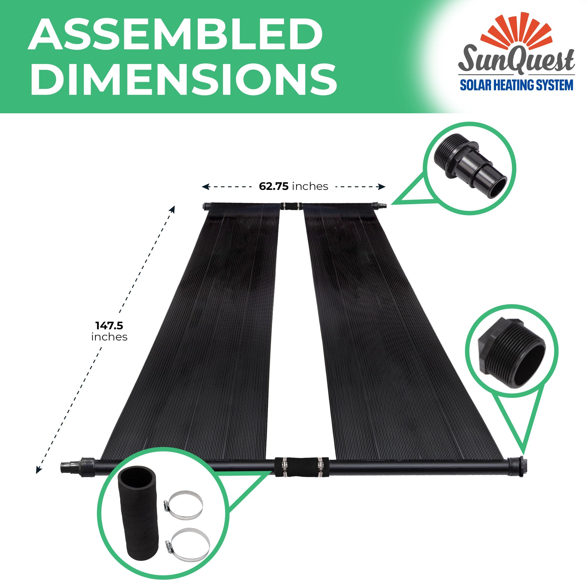 SunQuest Solar Swimming Pool Heater Panels (2' x 12', 2 Pack with Couplers) - High Efficiency Solar Pool Heating System with Max-Flow Design - Perfect for Inground & Above Ground Pools - Extend Swimming Season & Save Energy