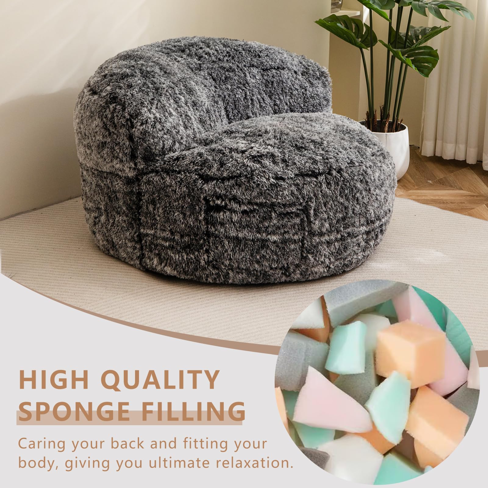 BYBYME Giant Faux Fur Bean Bag Chair - Oversized Bean Bag Couch for Adults, Large Living Room Floor Chair with Storage Pocket | Perfect for Movie Nights, Gaming, and Relaxing in Bedroom or Lounge