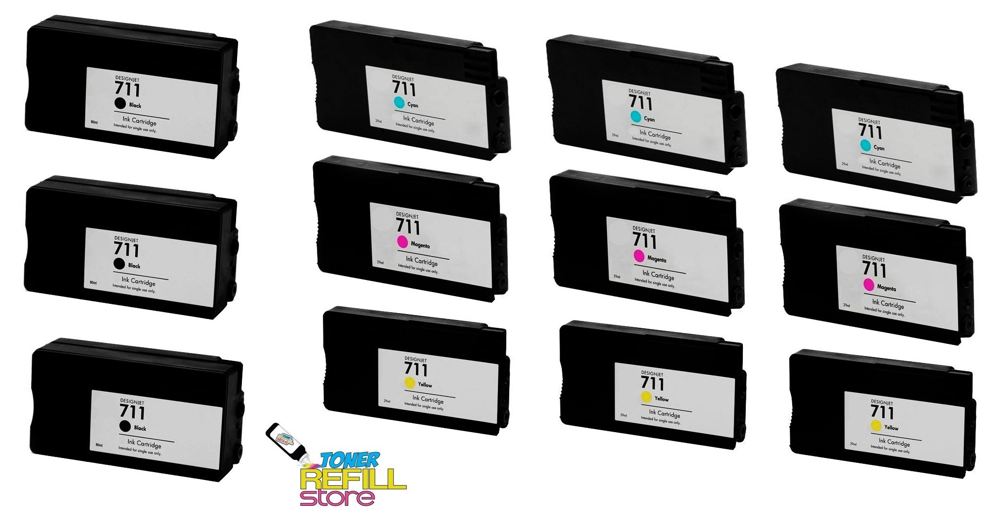 Premium 3-Pack HP 711 Ink Cartridge Replacement Set (3 Black CZ133A, 3 Cyan CZ130A, 3 Magenta CZ131A, 3 Yellow CZ132A) - Compatible with HP DesignJet T120 & 520 Printers - High-Quality Toner Refill for Office & Graphic Design Printing