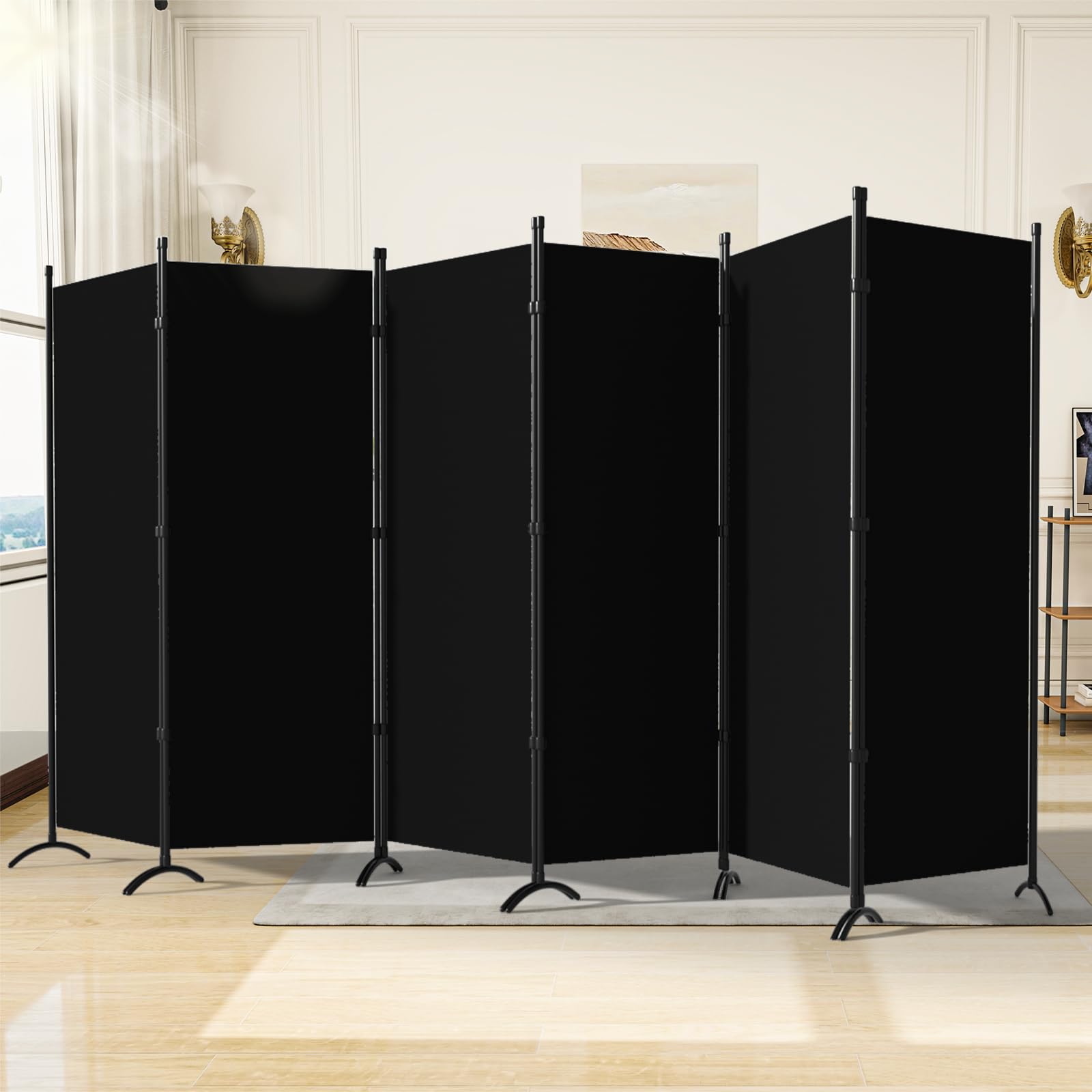 6 Panel Folding Room Divider Screen - 6FT Tall Freestanding Privacy Partition for Office, Bedroom & Living Room - Portable Black Fabric Wall Divider (200