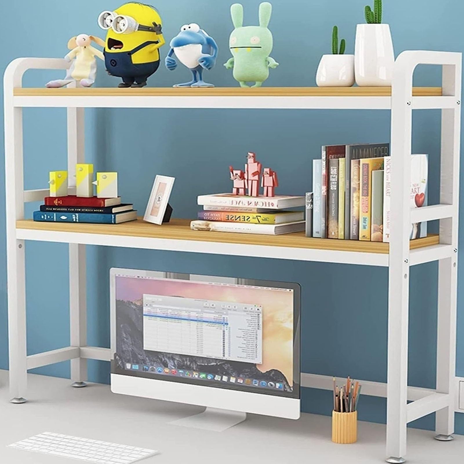 Adjustable Desk Organizer Shelf - 2-Tier Wood & Metal Computer Desk Bookcase, Open Countertop Display Storage Rack for Office & Home - Perfect for Organizing Books, Laptops, Office Supplies & Decor