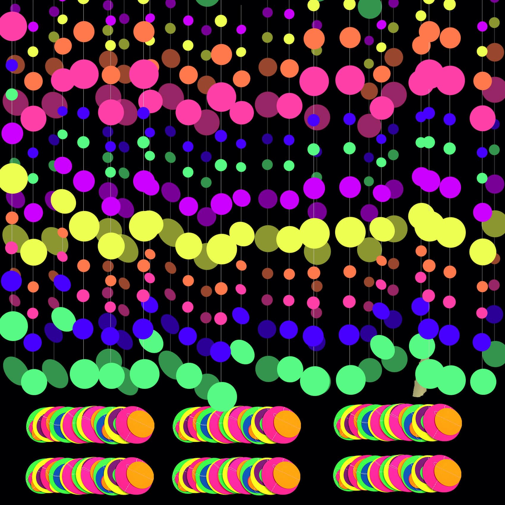 108ft UV Round Dot Neon Paper Streamers - Glow in The Dark Party Decorations for Weddings, Birthdays & Neon Parties | UV Reactive Garland, Glow Party Favors & Neon Banners for Nighttime Celebrations & Club Events