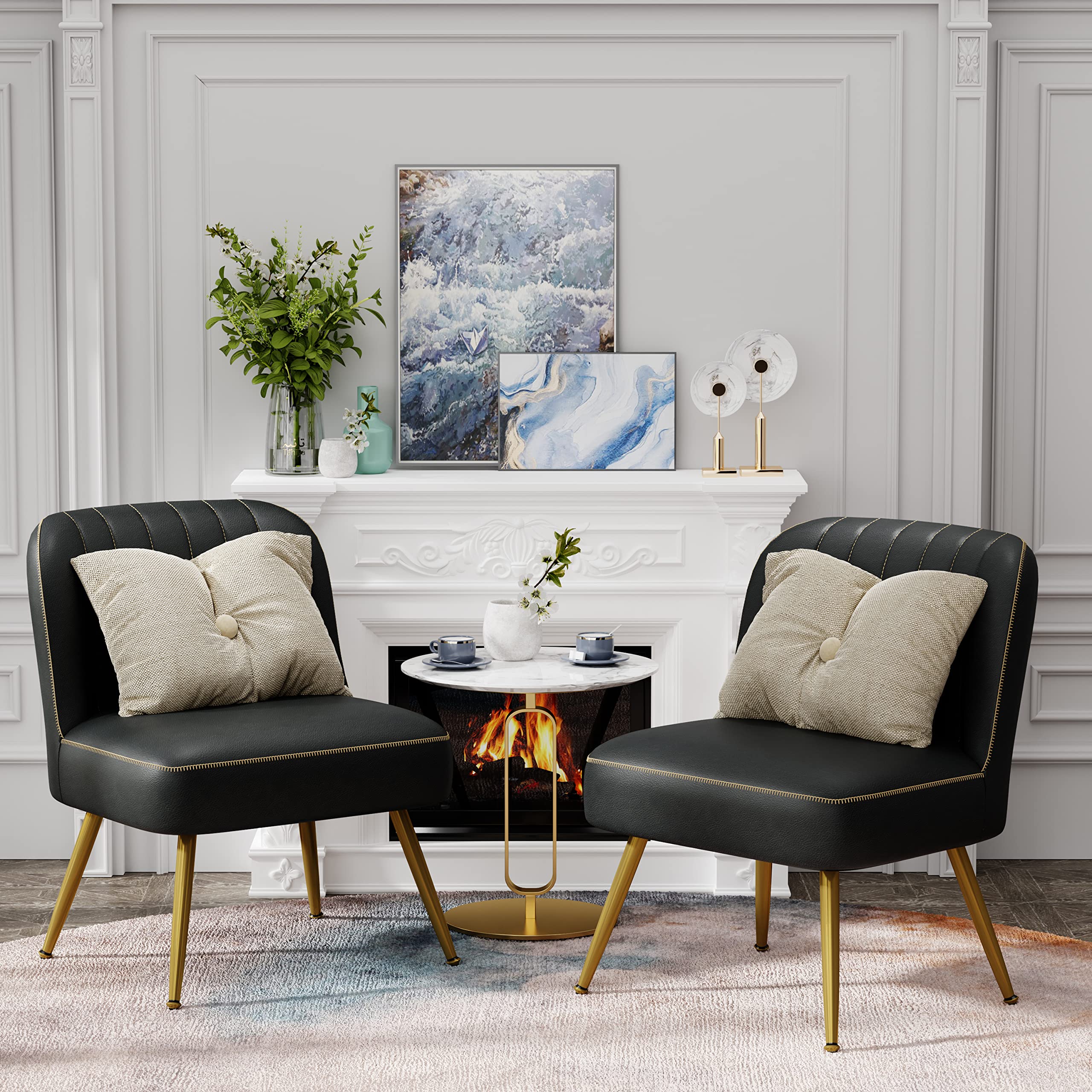 Andeworld 2-Piece Modern Accent Chair Set - Upholstered Leather Living Room Chairs, Elegant Armless Small Side Club Chairs with Golden Legs for Bedroom, Office or Lounge - Black