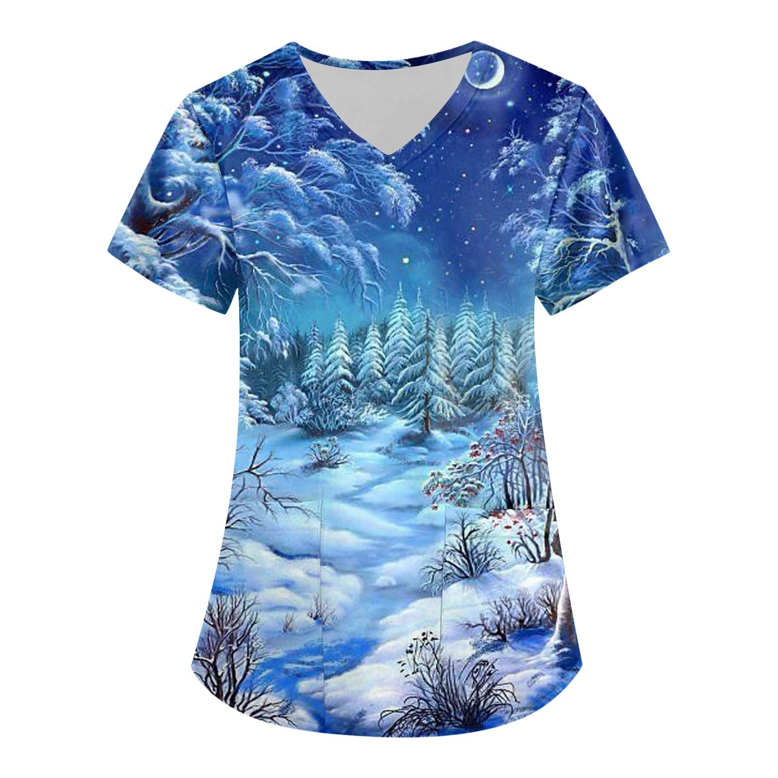 Women's Christmas Scrubs Tops - Cartoon Santa Graphic, Stretchy & Soft Nursing Uniform with Pockets | Perfect for Nurses, Healthcare Workers & Holiday Workwear