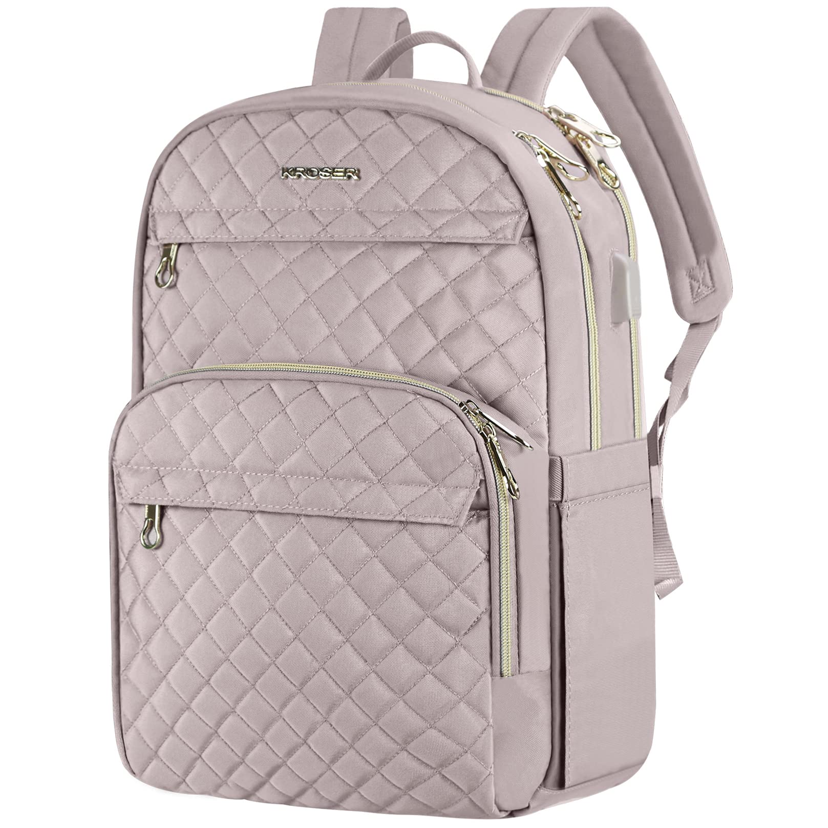 KROSER 15.6 Inch Women's Laptop Backpack with USB Charging Port - Waterproof Nylon Travel Backpack for Business & School - Stylish Dusty Pink Daypack for Commuting, Work & College Students