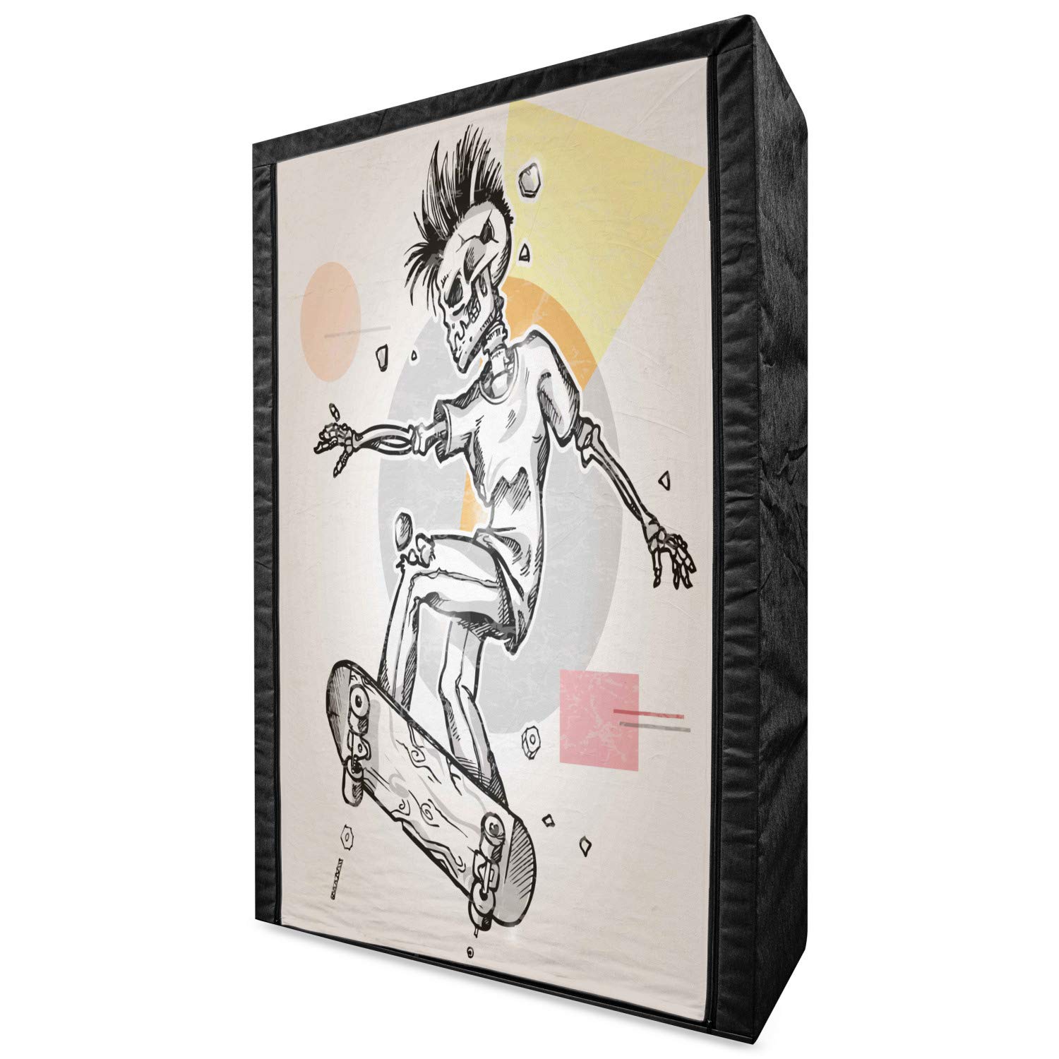 Ambesonne Skull Portable Fabric Wardrobe - Punk Rocker Skeleton Skateboard Skiing Abstract Design, 42.5 Inch Clothing Organizer with Shelves, Pale Grey & Cream Storage Closet for Bedroom, Dorm, or Apartment