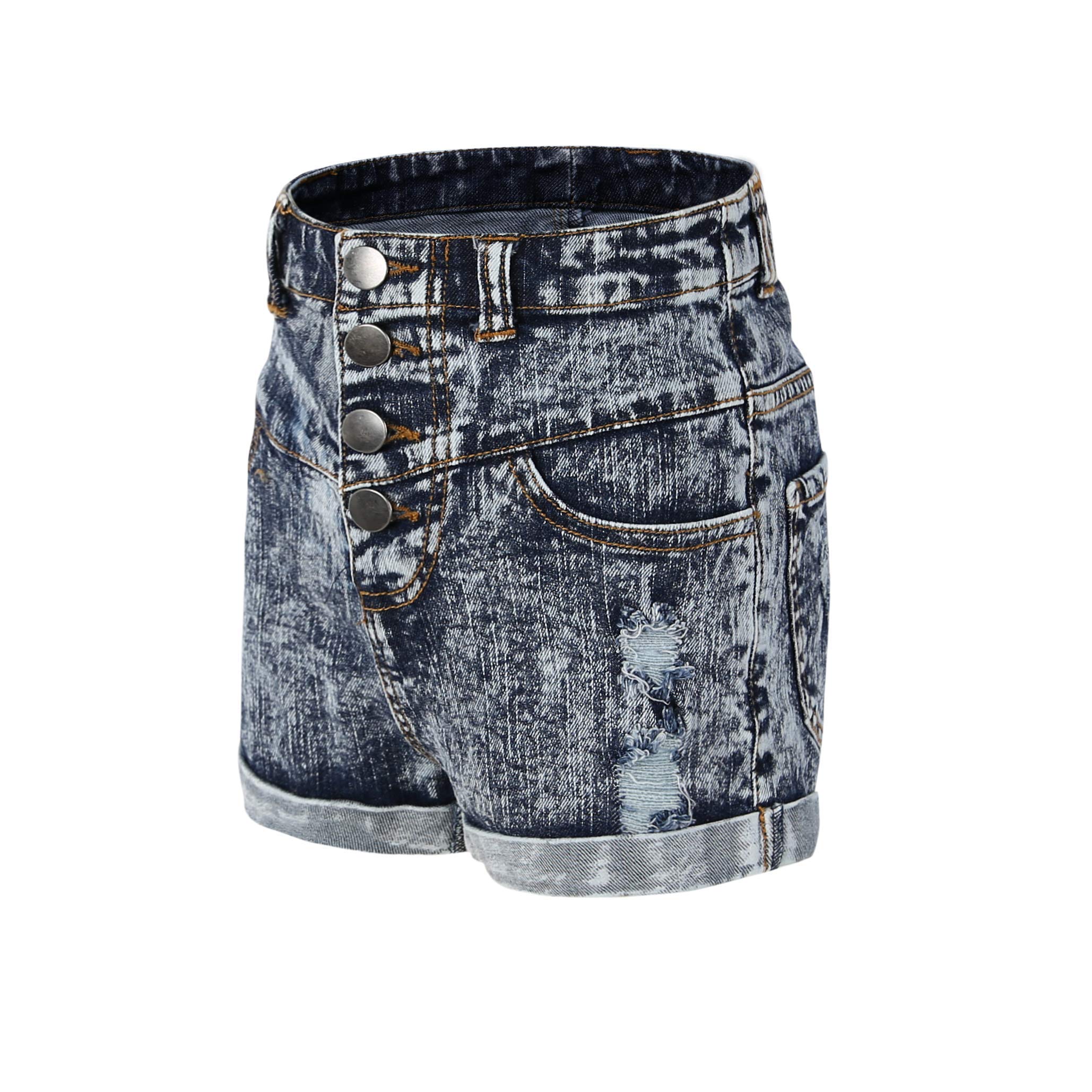 Bienzoe Girls' Ripped Denim Shorts for Kids - Adjustable Waist, Rolled Hem, Stretchy Cotton Bermuda Shorts | Perfect for Summer, Casual Wear, and Playdates