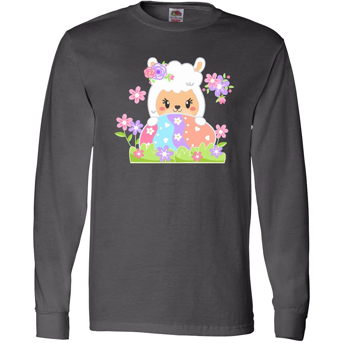 Inktastic Cute Easter Llama with Spring Flowers and Egg Long Sleeve T-Shirt for Women - Soft Cotton Casual Top for Easter Celebrations, Spring Outfits & Holiday Family Gatherings