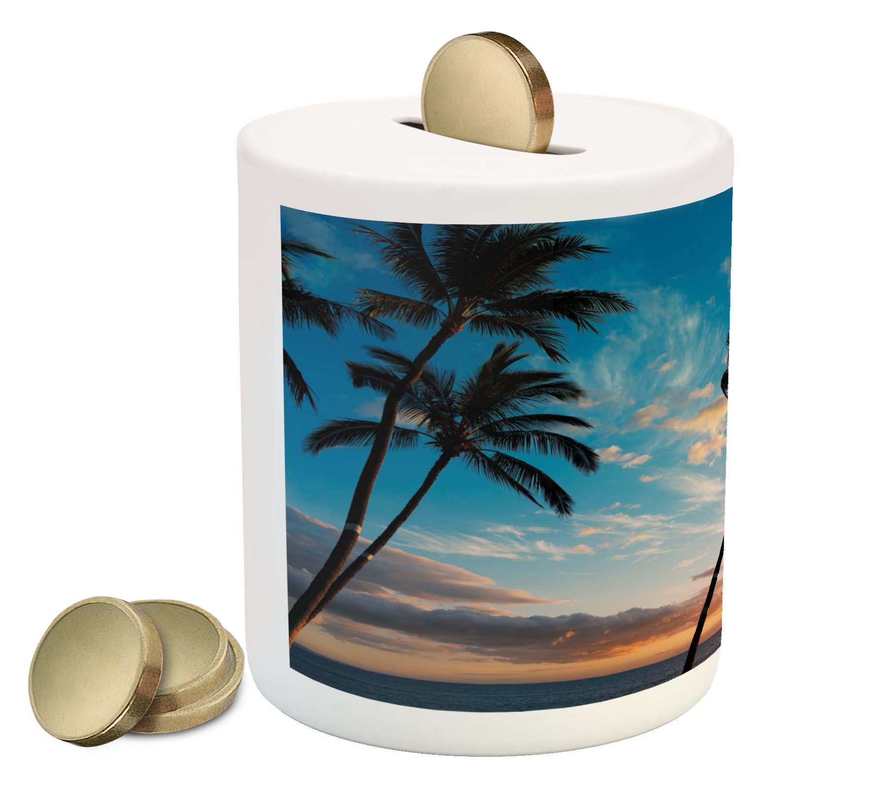 Lunarable Ceramic Piggy Bank - Tropical Hawaiian Sunset Palm Tree Design, Blue & Orange Money Box for Cash & Coin Savings | Perfect for Home Decor, Kids' Savings & Gift Ideas