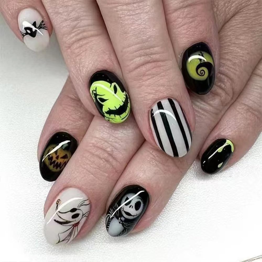 Spooky Halloween Press on Nails - Short Almond Fake Nails with Skull Designs | Acrylic Glue on Nails for Women | Perfect for Halloween Parties, Costume Accessories & Fall Nail Art
