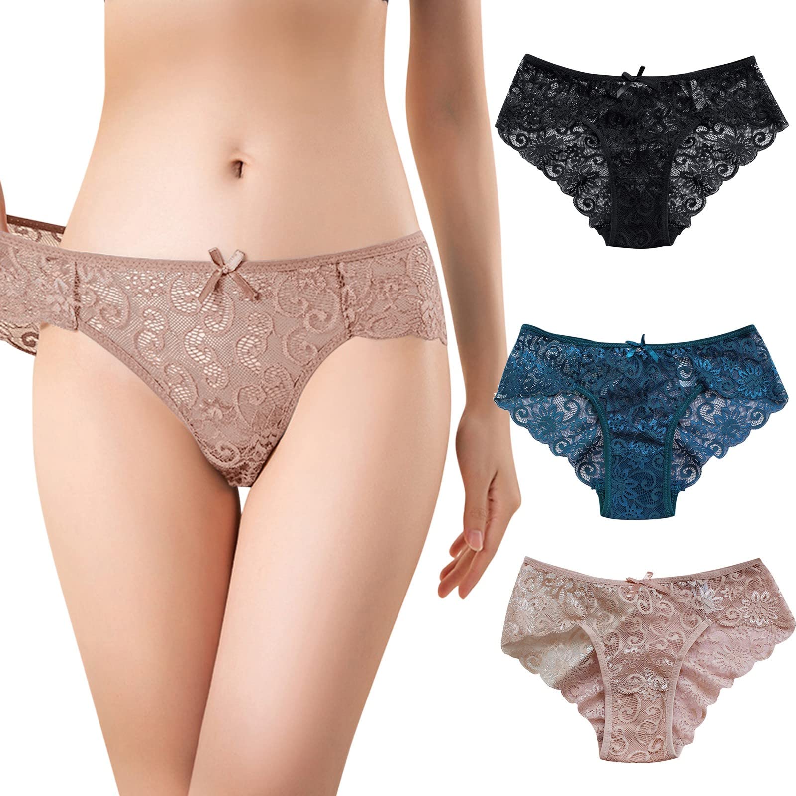 Sexy Lace Bow Comfortable Hollow Ruffle 3-Piece Waist Low Women's Underwear Panties - Perfect for Valentine's Day, Bridal Lingerie & Romantic Occasions