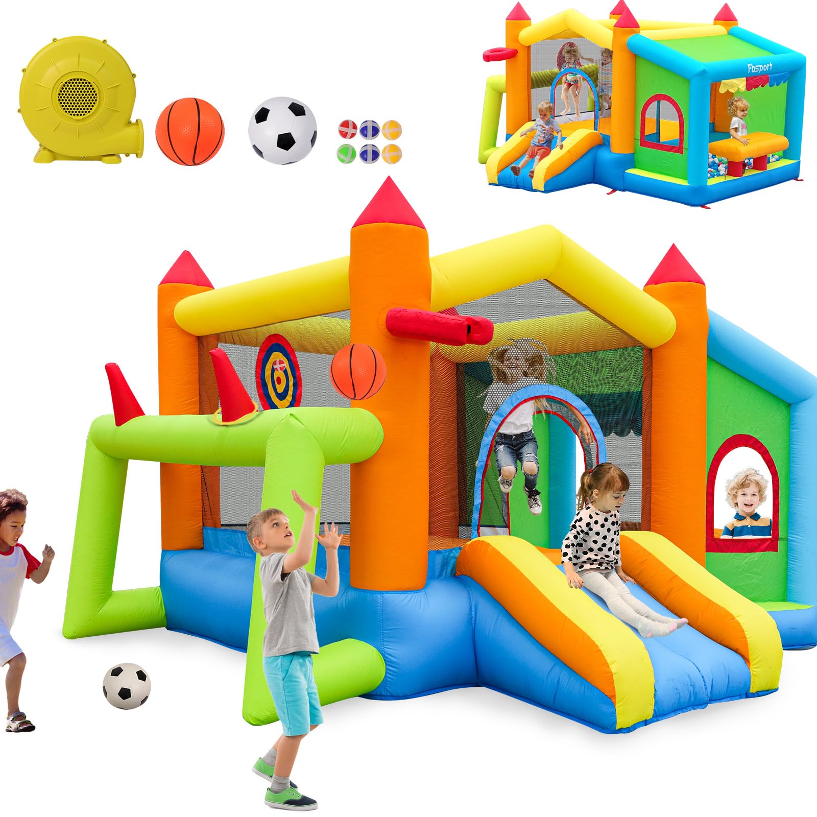 FBSPORT Inflatable Bounce House with Ball Pit & Toy Market Stand - Kids Bouncy Castle for Outdoor & Indoor Play - Includes 480W Blower for Birthday Parties, Backyard Fun & Family Gatherings