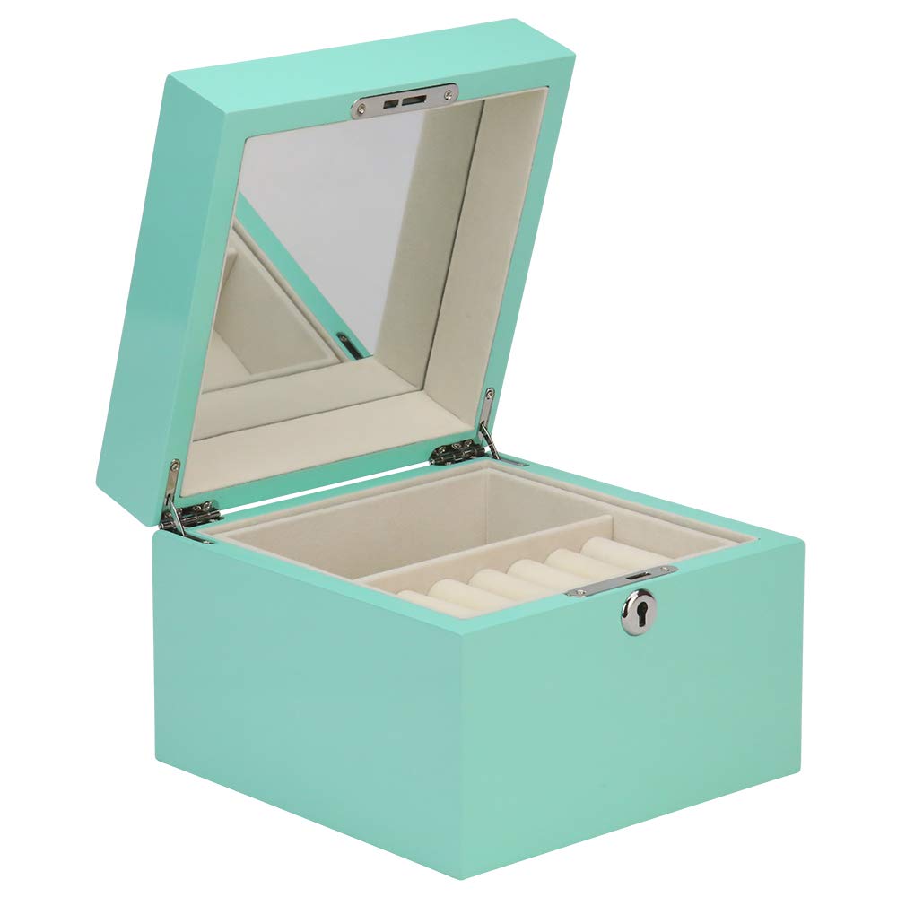 Luxury Wooden Jewelry Box with Key Lock - Glossy Piano Lacquer Finish, Blue Exterior & Beige Velvet Lining - Perfect for Organizing Rings, Necklaces & Earrings - Ideal Gift for Women, Brides & Jewelry Lovers