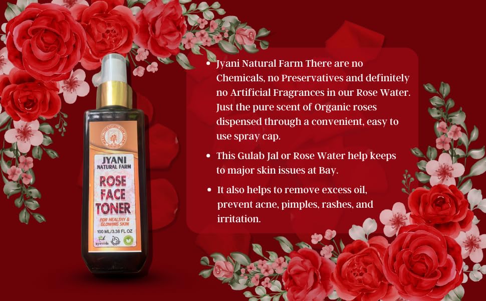 Jyani Natural Farm Organic Certified Rose Water | Steam Distilled | 100ml | Pure Hydrating Facial Toner for Glowing Skin | Perfect for DIY Skincare, Aromatherapy & Makeup Setting