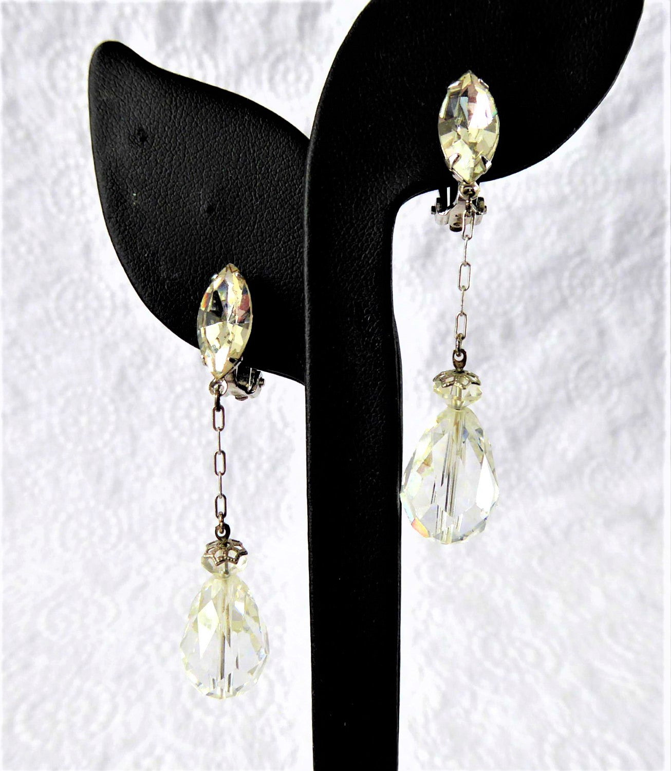 Vintage 1950s Crystal Tear Drop Dangle Earrings - Iridescent Clip-On Jewelry for Women | Perfect for Tea Parties, Bridal Accessories & Retro Fashion
