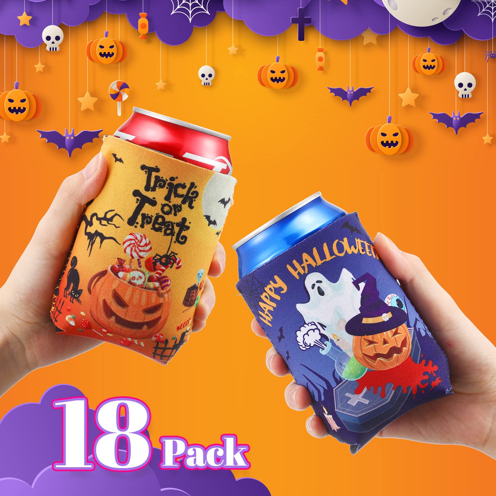 18 Pack Halloween Can Cooler Sleeves - Witch, Pumpkin, Bat, Skull Design - Insulated Beer Bottle Sleeves for Halloween Party Decorations and Outdoor Gatherings