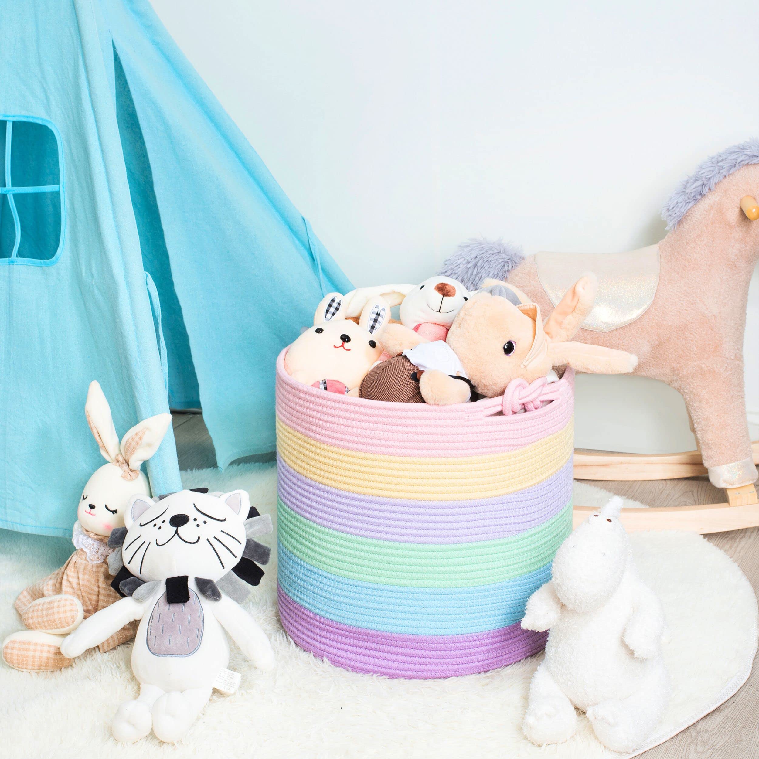 MINTWOOD 15 x 14.2 Inch Woven Cotton Rope Storage Basket - Pastel Rainbow Toy Organizer, Laundry Hamper, Nursery Decor, Pet Toy Bin, Blanket Holder - Perfect for Kids Room, Bathroom & Home Organization