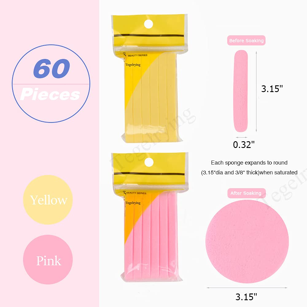60 Pcs Compressed Facial Sponges - Professional Makeup Remover & Exfoliating PVA Sponge Pads for Women (Yellow & Pink) | Gentle Face Cleansing, Spa & Skincare Routine