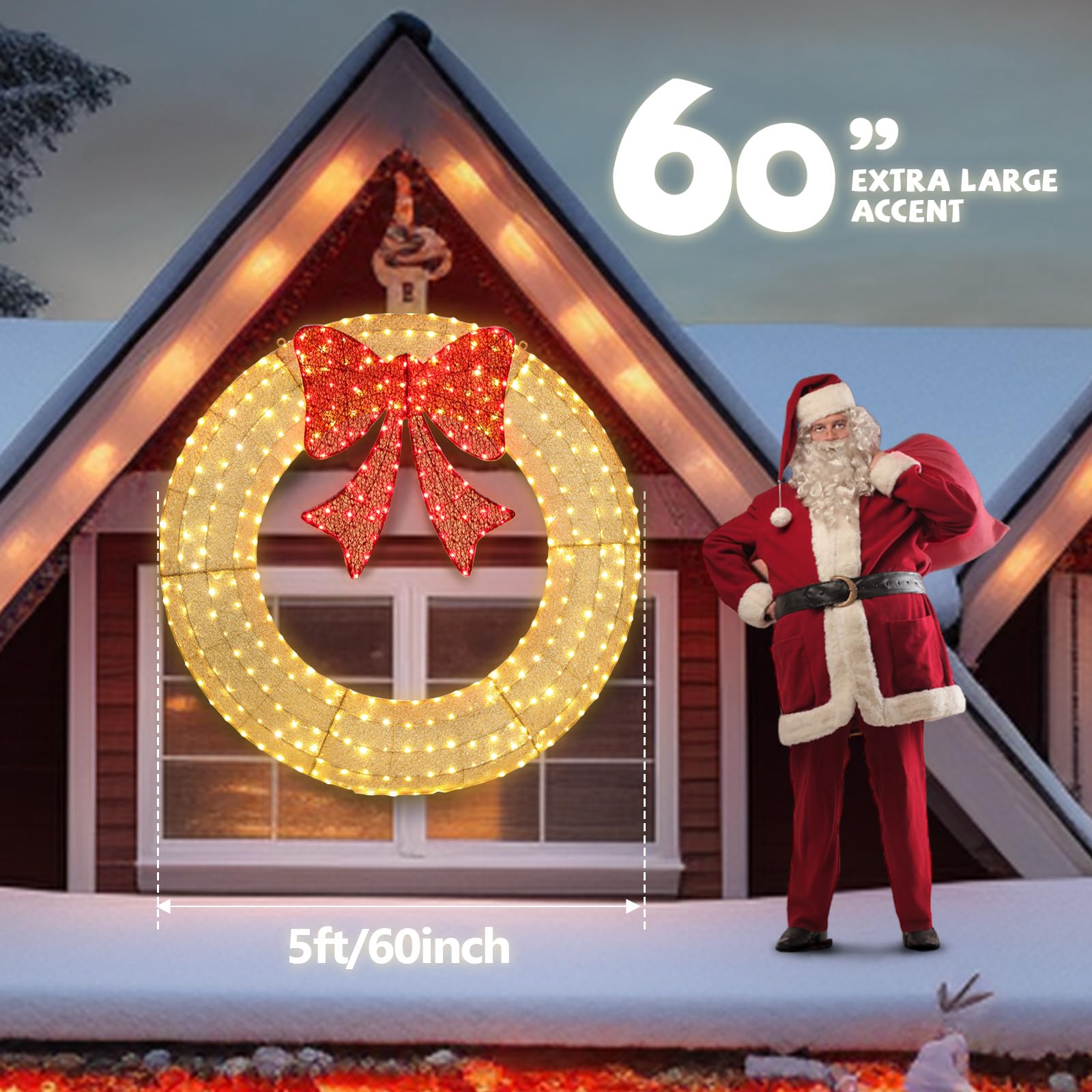 VINGLI 60 Inch Pre-lit Large Christmas Wreath with 400 LED Lights - Gold Holiday Decor with Red Bow, Timer & Remote Control - Outdoor Christmas Wreath for Garage Door, Porch & Holiday Decorations