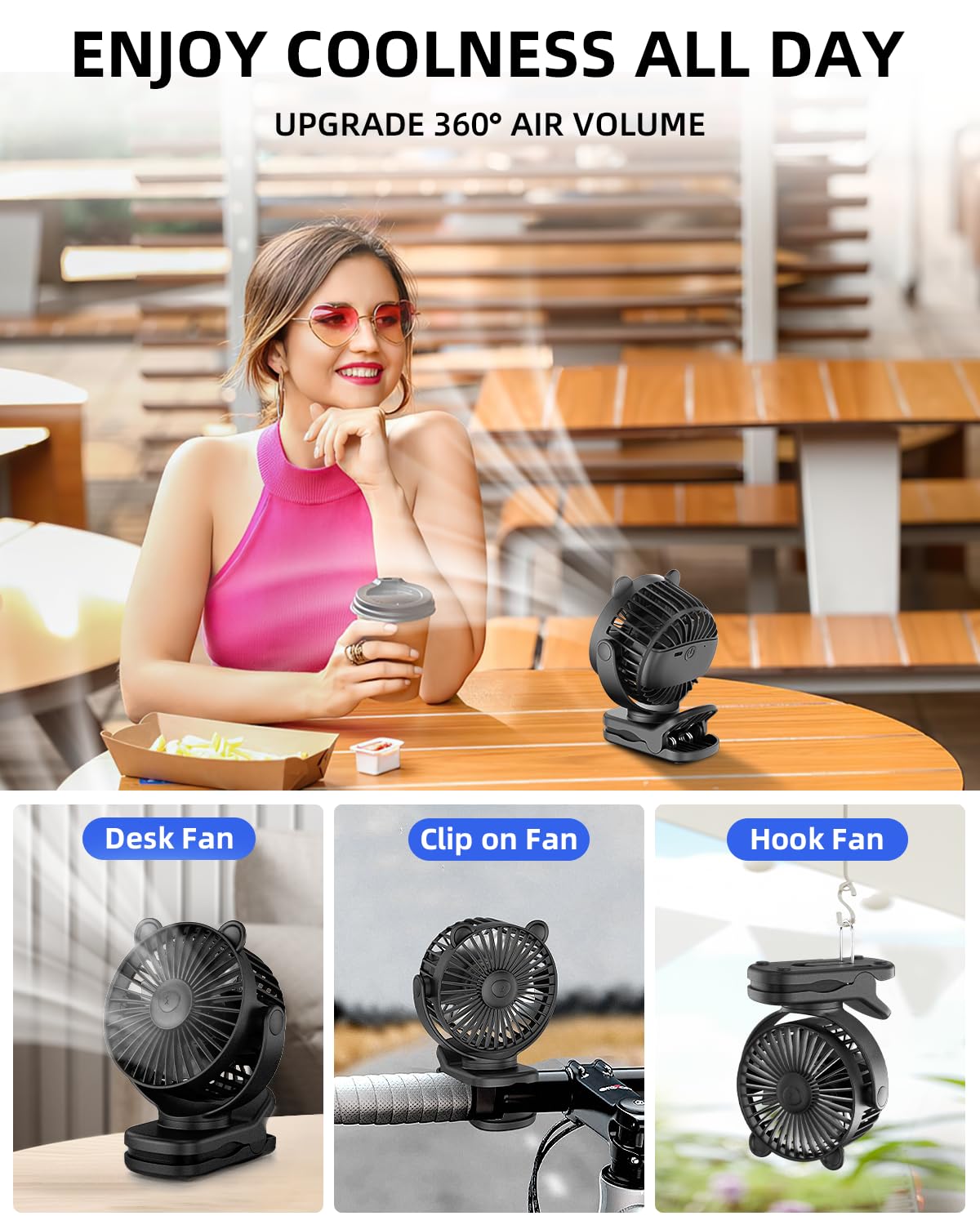 Clip on Fan - Portable Battery Operated Desk Fan with 360° Rotation & 3 Speed Settings | Cute Bear Design Personal Cooling Fan for Home, Office, Travel, Stroller & Baby Nursery | USB Rechargeable Mini Fan for Workstation, Dorm Room & Outdoor Activities