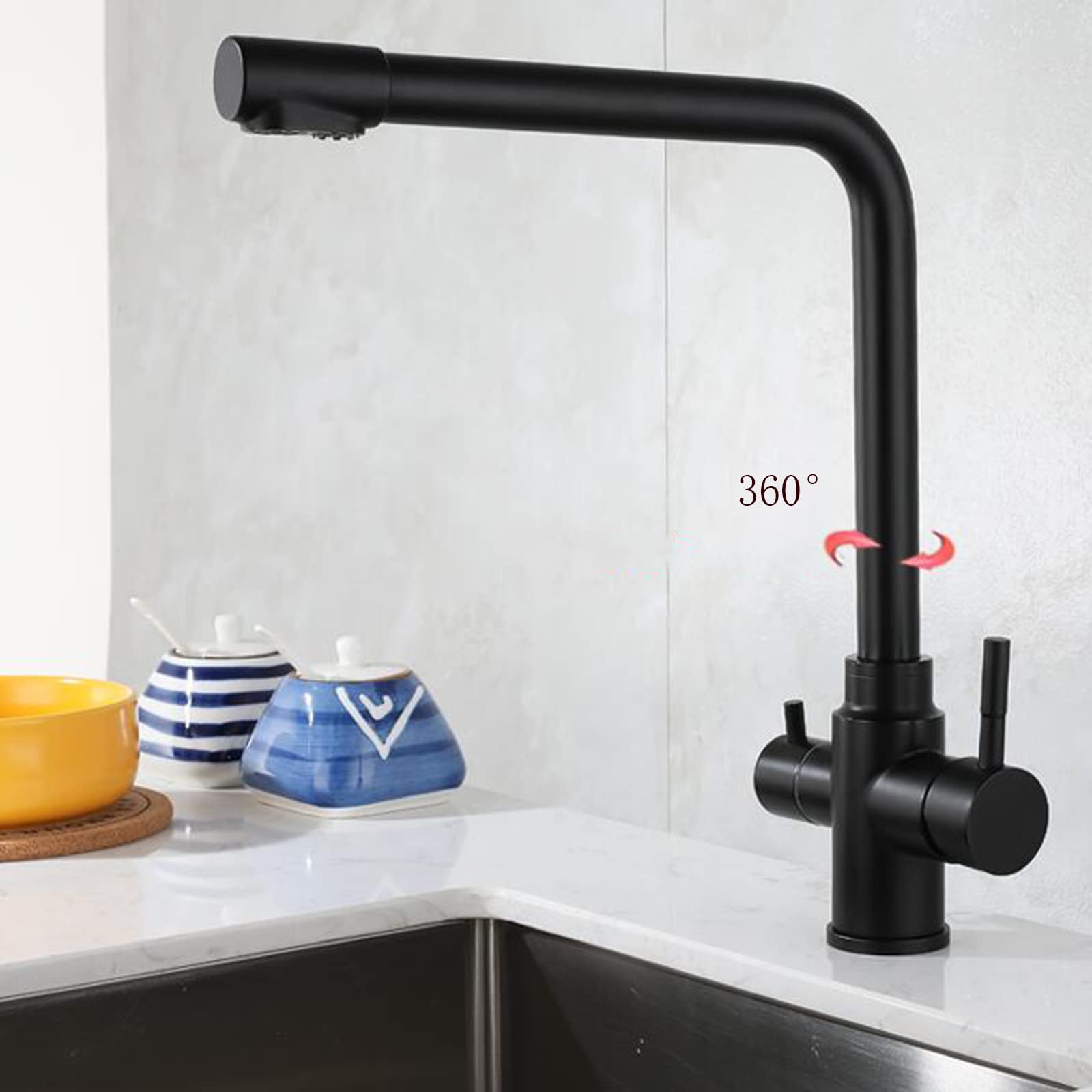 3-Way Black Stainless Steel Kitchen Faucet with Hot & Cold Water Swivel Spout - Water Filter Faucet for Modern Sinks - Perfect for Cooking, Washing Dishes & Filling Pots
