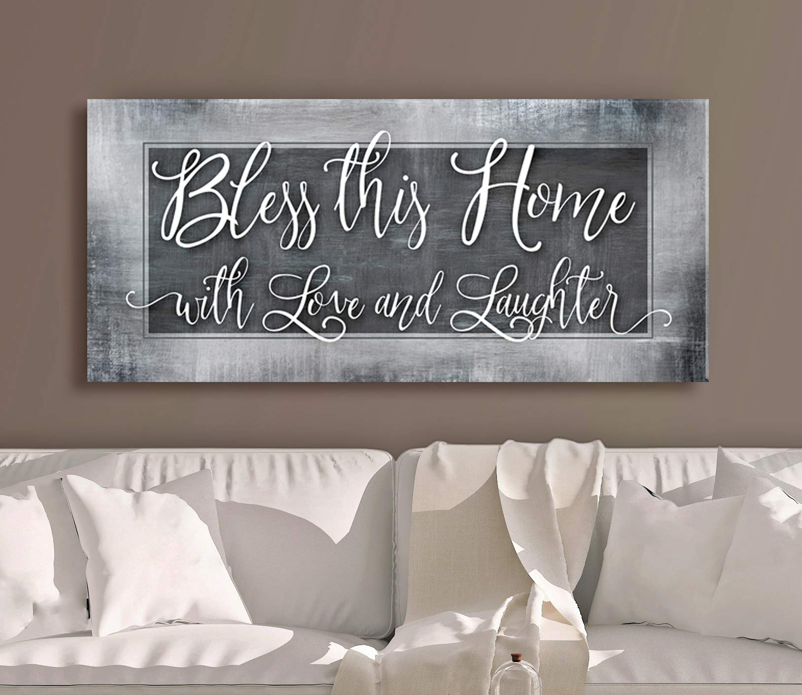 Bless This Home With Love - Religious Wall Decor for Housewarming Gifts, Rustic Home Decoration for Living Room - Blessed Wall Art in Brown with 42x19 Black Floating Frame - Perfect for Farmhouse, Bedroom & Entryway Decor