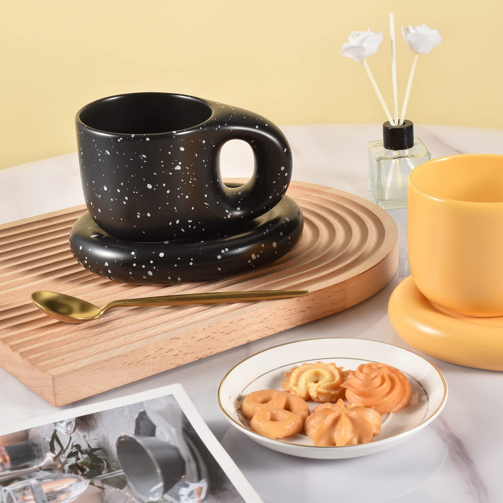 Koythin Ceramic Coffee Mug Set - 10 oz Chubby Fat Handle Cup with Saucer for Latte, Tea & Milk | Dishwasher & Microwave Safe | Perfect for Office, Home & Gifts (Black)