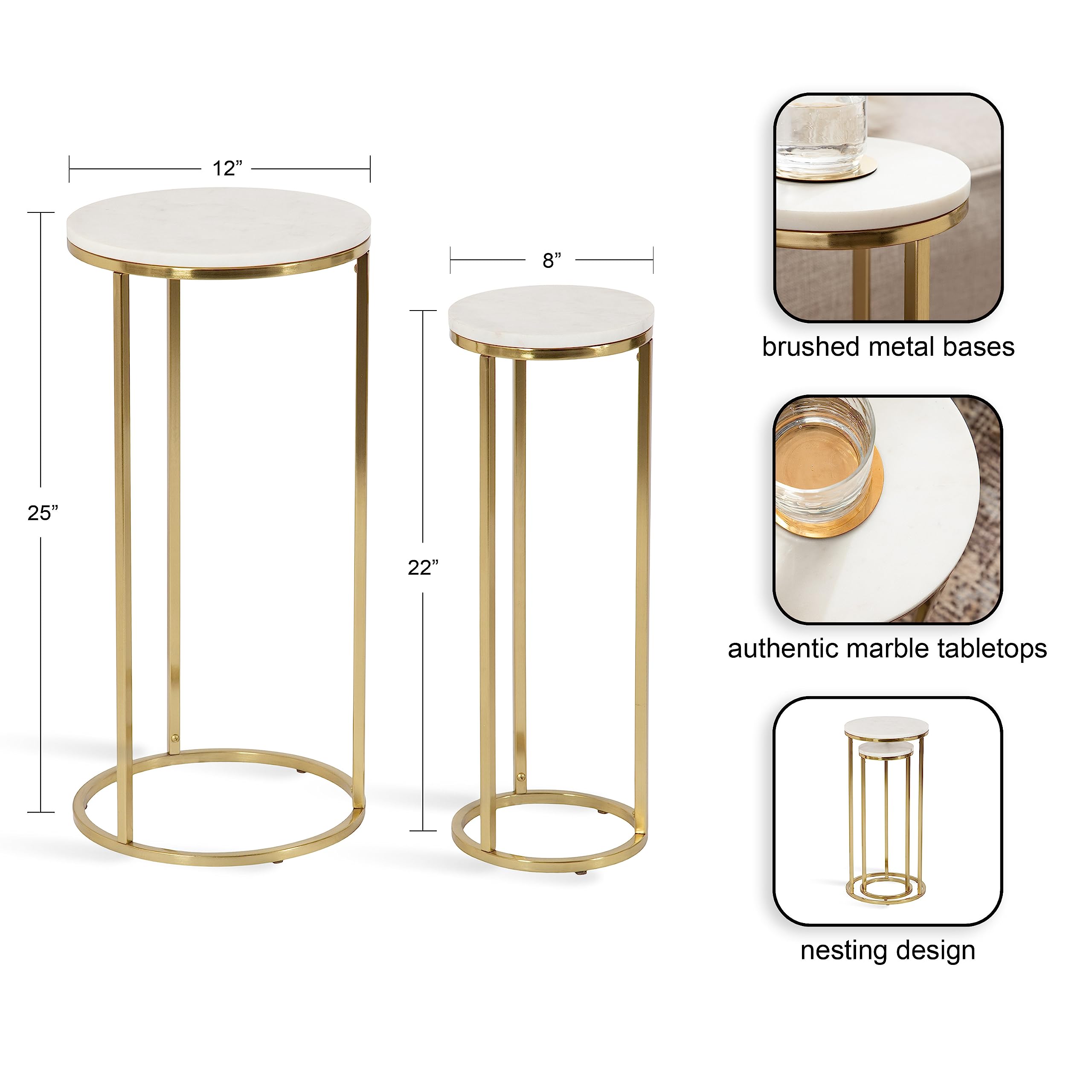 Kate & Laurel Udorie Modern Nesting Table Set - 2-Piece White & Gold Side Tables with Marble Tops (12x25 Inches) | Space-Saving Accent Tables for Living Room, Bedroom & Small Apartments