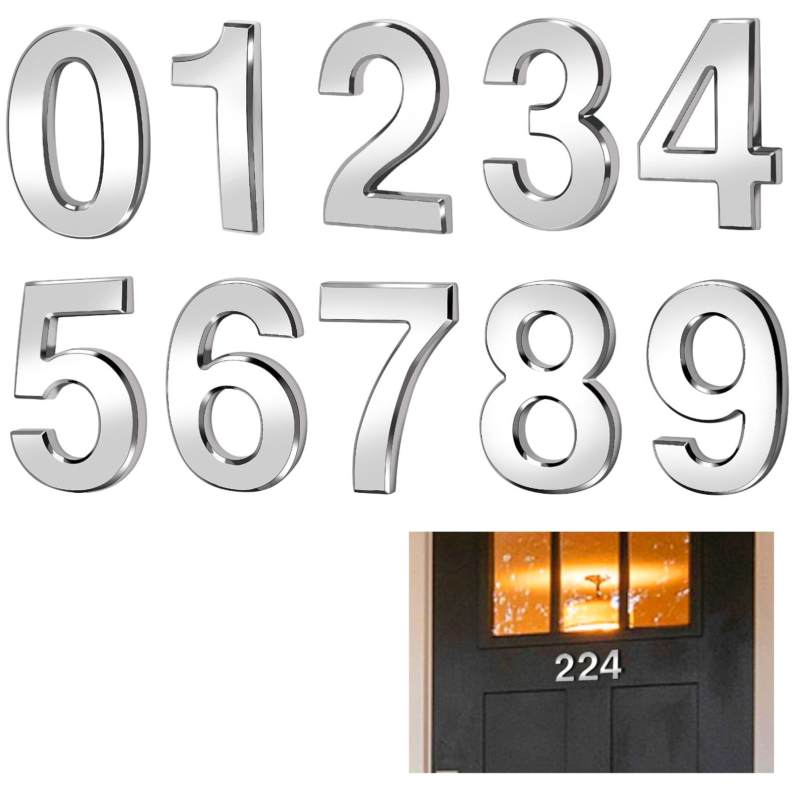 Ranslen 10-Piece 2.76 Inch Self-Adhesive 3D House Numbers 0-9 - Silver Electroplated Plastic Mailbox & Door Address Stickers for Home, Apartment, Office, Hotel Room - Easy Installation & Weatherproof Design