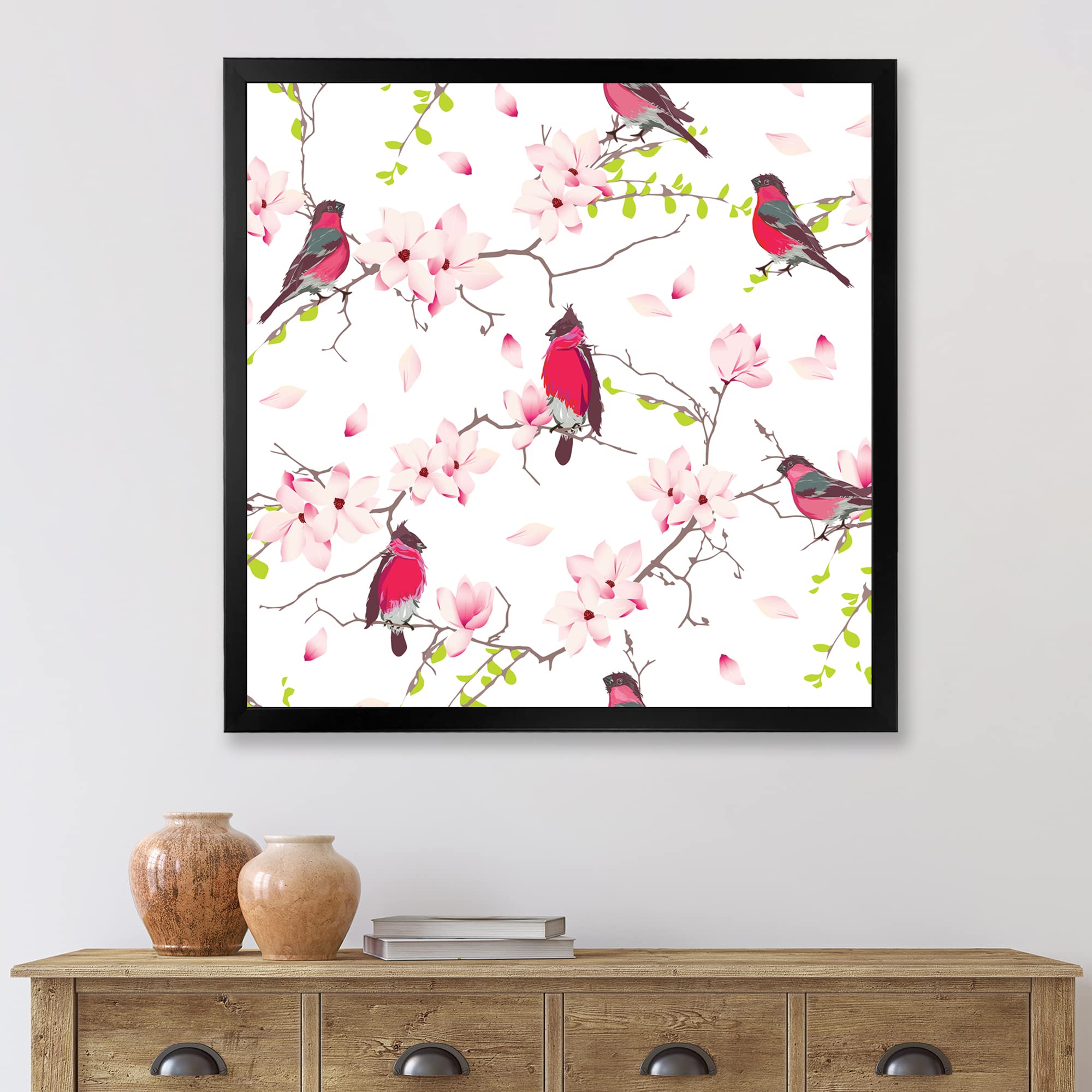 DesignQ Red Bullfinches on Magnolia Tree Framed Wall Art Painting - Traditional Home Decor for Living Room, Bedroom & Office