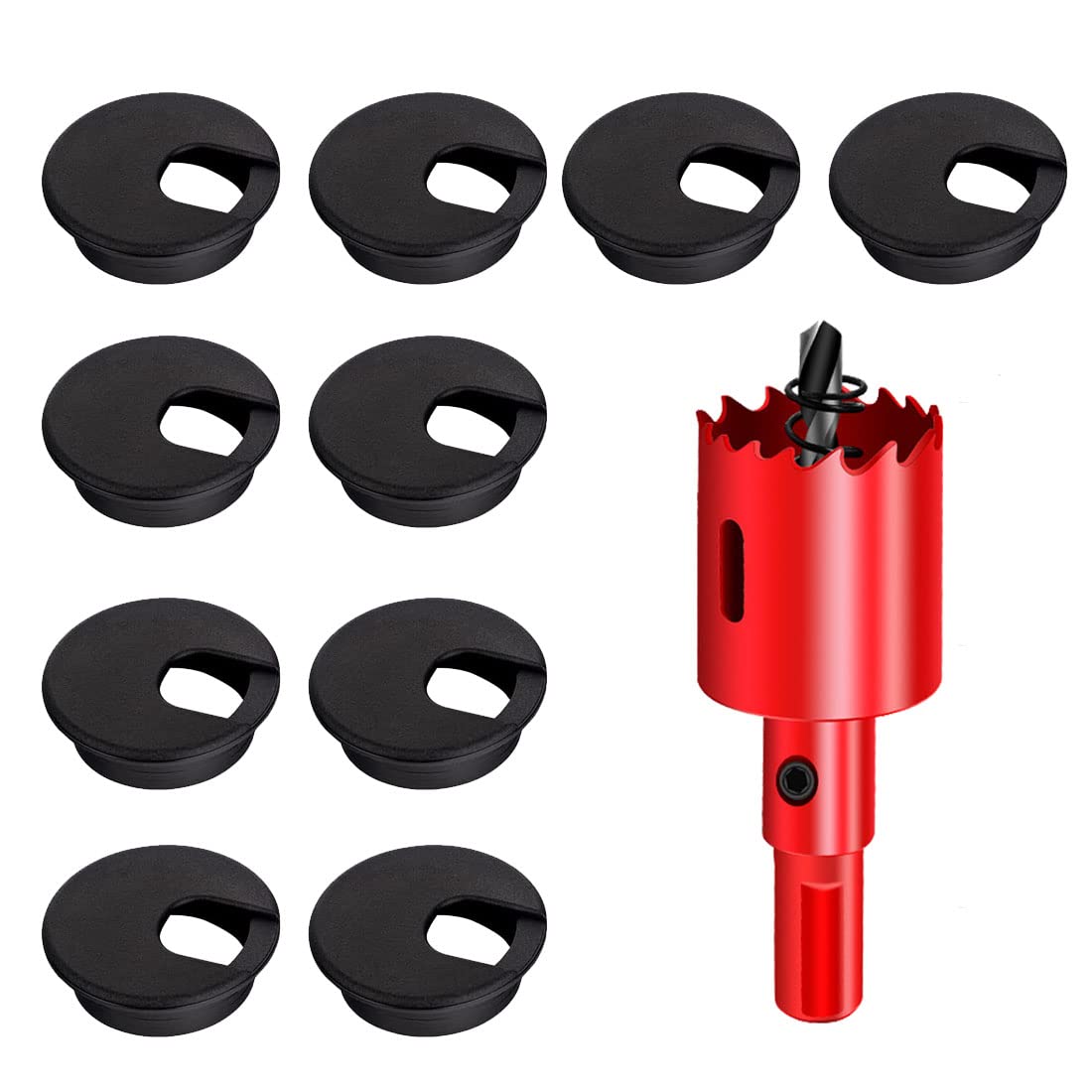 TuTuYa 10PCS 1-3/8 Inch (35mm) Black Desk Cable Grommet Hole Covers with Hole Saw - Durable Cable Management Solution for Office & Home Desks - Perfect for Computer, Monitor & TV Wire Organization