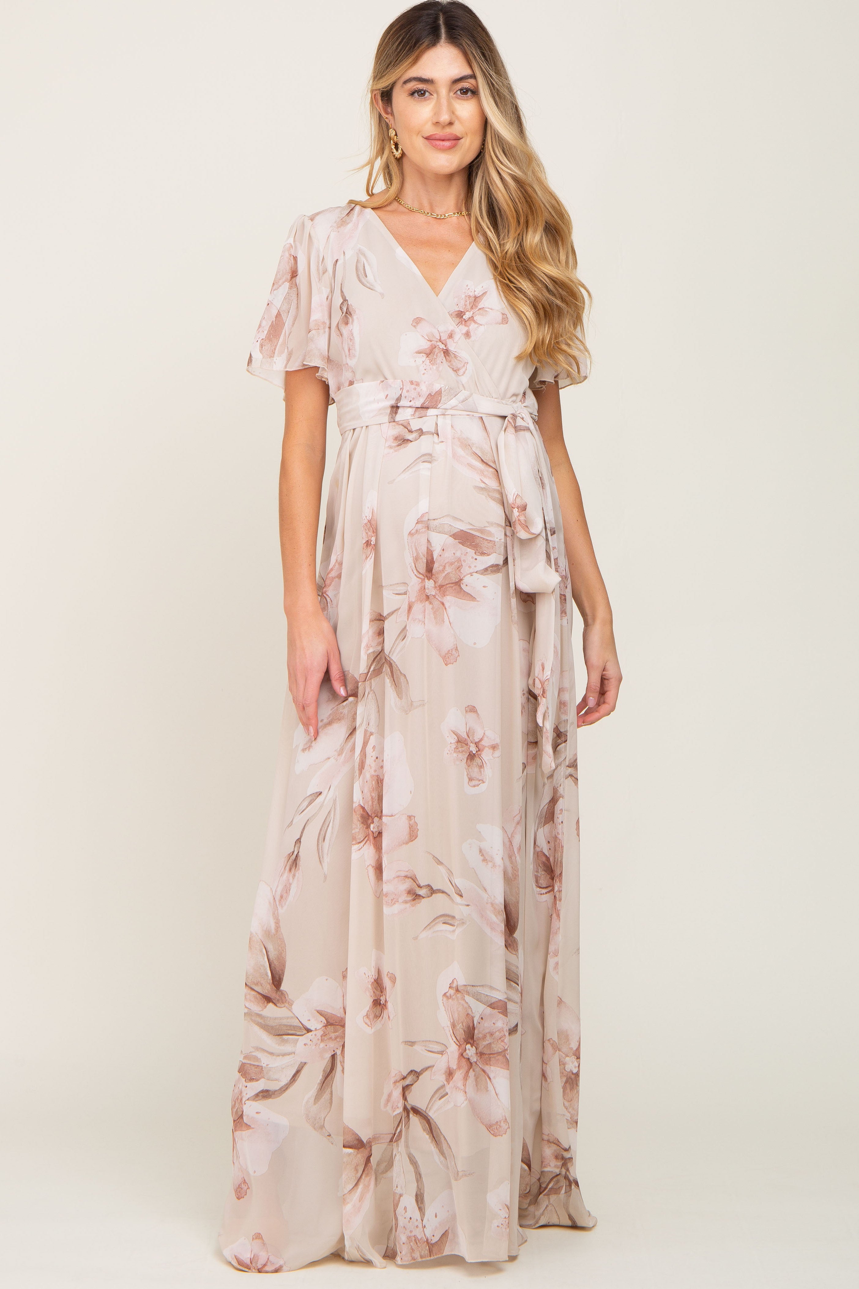 Beige Floral Chiffon Maternity Maxi Dress - Wrap Front Short Sleeve Pregnancy Gown for Baby Shower, Maternity Photo Shoot & Summer Vacation