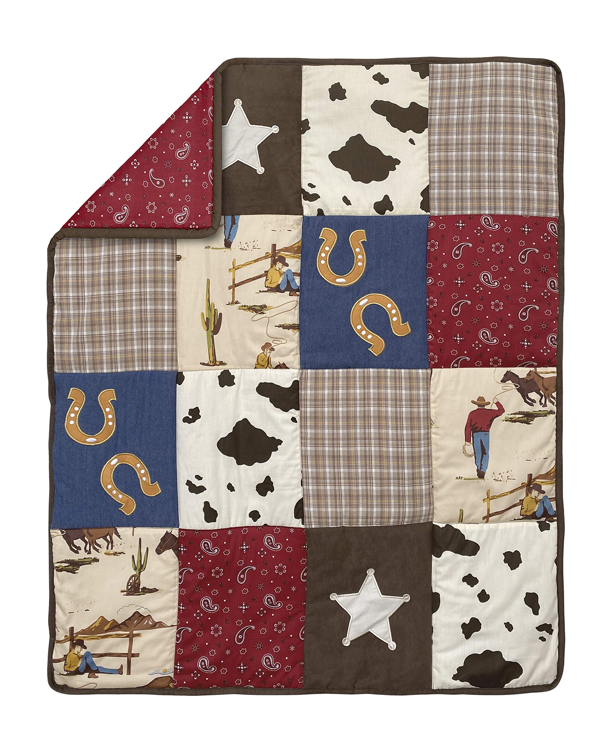 Sweet Jojo Designs Western Cowboy Baby Crib Bedding Set - 5pc Nursery Set with Quilt, Fitted Sheet, Skirt & Diaper Stacker - Tan Brown & Red Southern Country Theme - Perfect for Wild West Nursery Decor & Cowboy-Themed Baby Showers