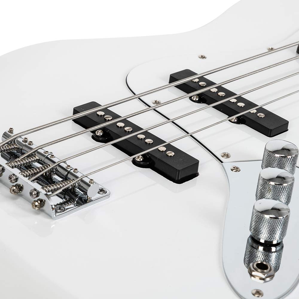 Glarry Gjazz 4-String Electric Bass Guitar Full Size Beginner Kit - Right Handed with Shoulder Strap, Wrench Tool, Power Cable & Gig Bag (White) - Perfect for Practice, Live Performances & Studio Recording