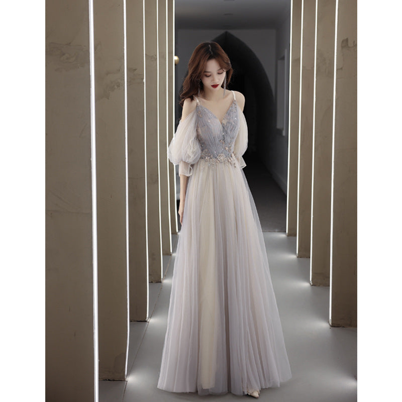 Elegant Gray Tulle Prom Dress with Long Sleeves - Formal Evening Gown for Homecoming, Quinceañera & Special Occasions