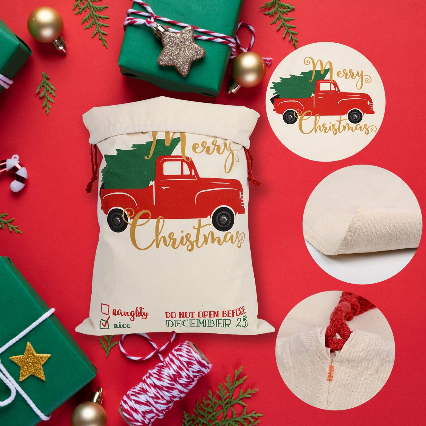 LDIWEE 6 Pack Large Christmas Santa Sacks - 27.6 x 19.7 Inch Reusable Canvas Gift Bags with Drawstrings for Holiday Presents | Perfect for Christmas, Thanksgiving & New Year Party Decorations & Gift Wrapping